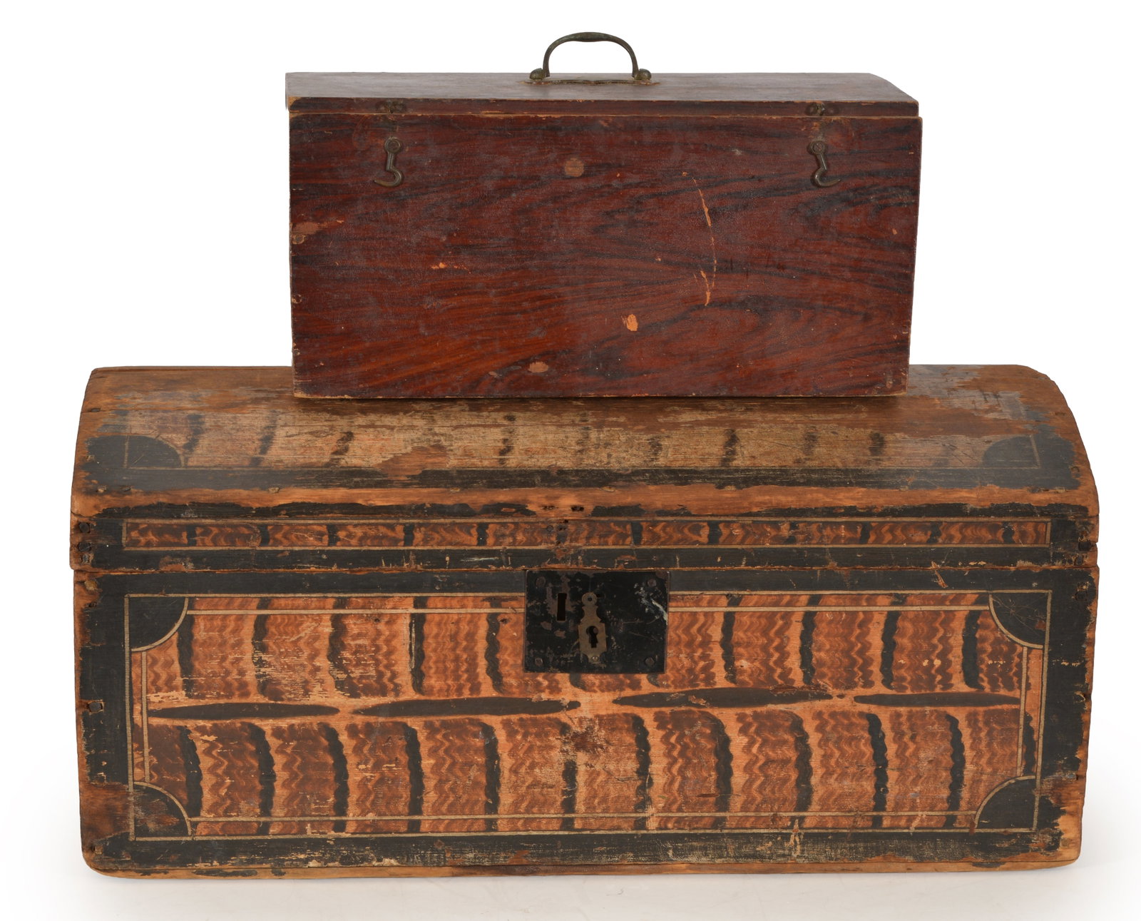2 19th Century painted boxes, a domed top pine box with grain decoration and a red handled box with (1 of 8)