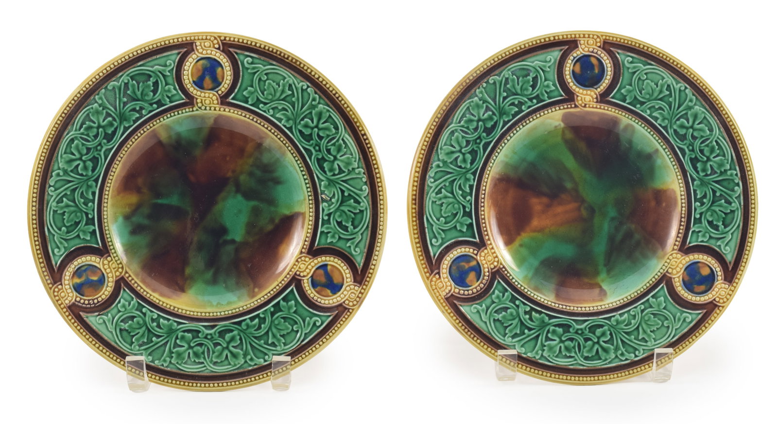 Pair of English majolica Celtic revival plates with beaded and foliate border with medallions around (1 of 5)