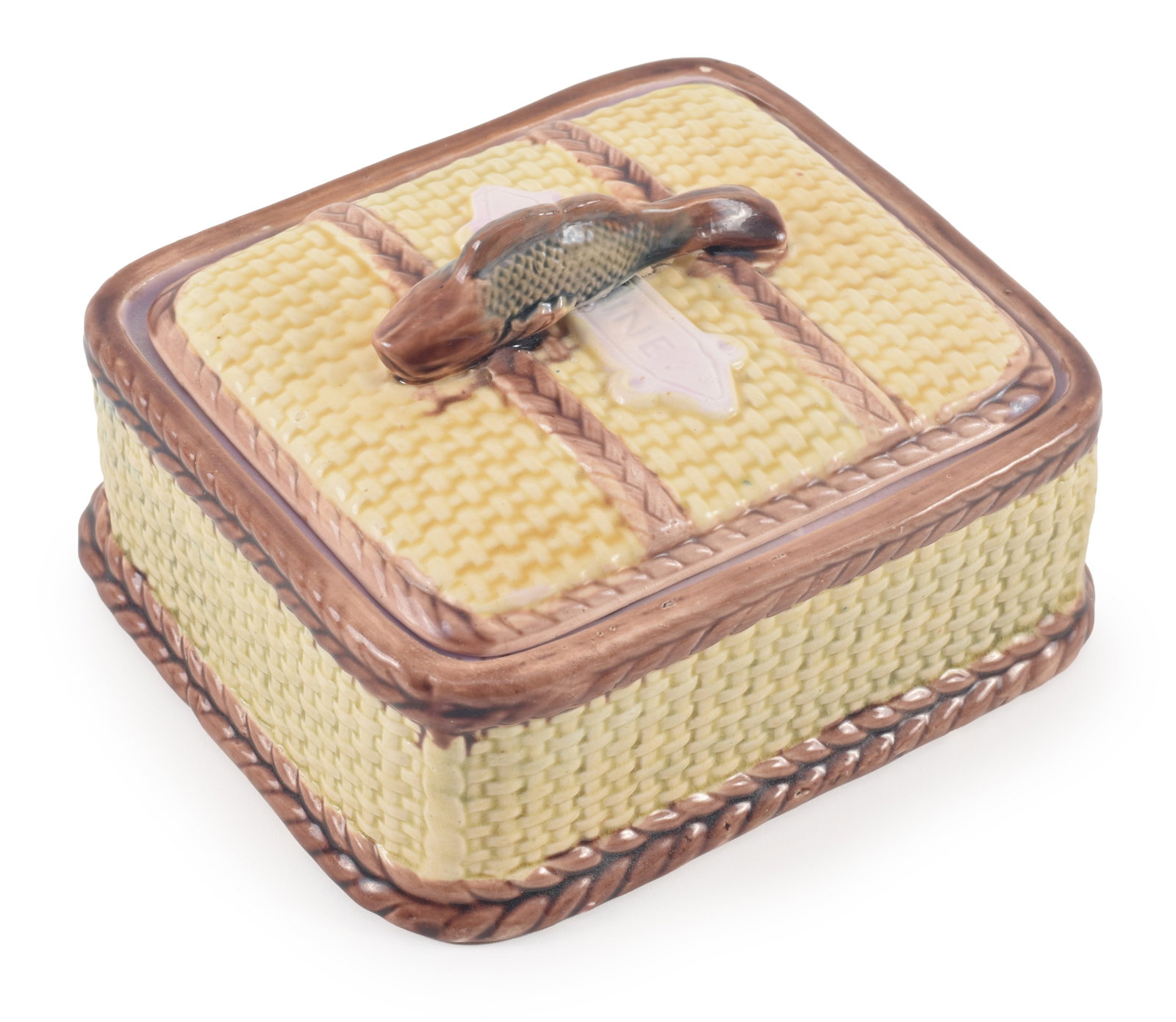 Majolica covered box with fish finial and molded label, "Sardines" with a basket weave from. Height (1 of 8)