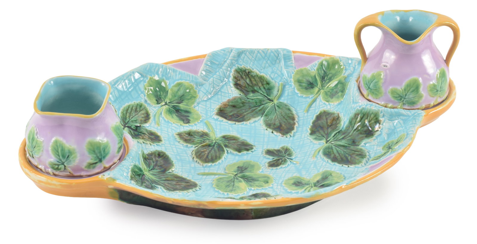 George Jones majolica strawberry server with open tray and matching, fitted cream and sugar. The (1 of 6)