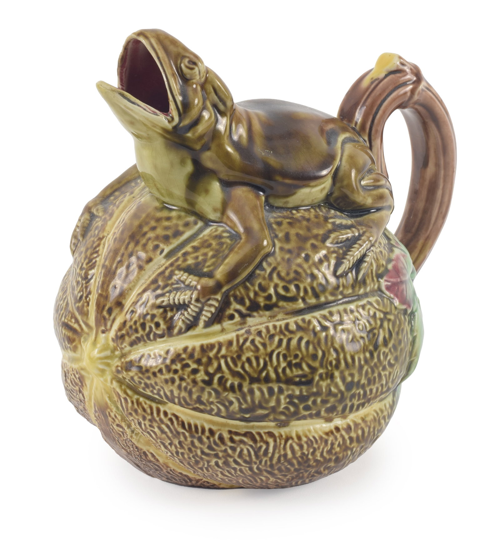 Majolica figural water pitcher depicting a frog atop a cantaloup melon with green glaze and molded (1 of 7)