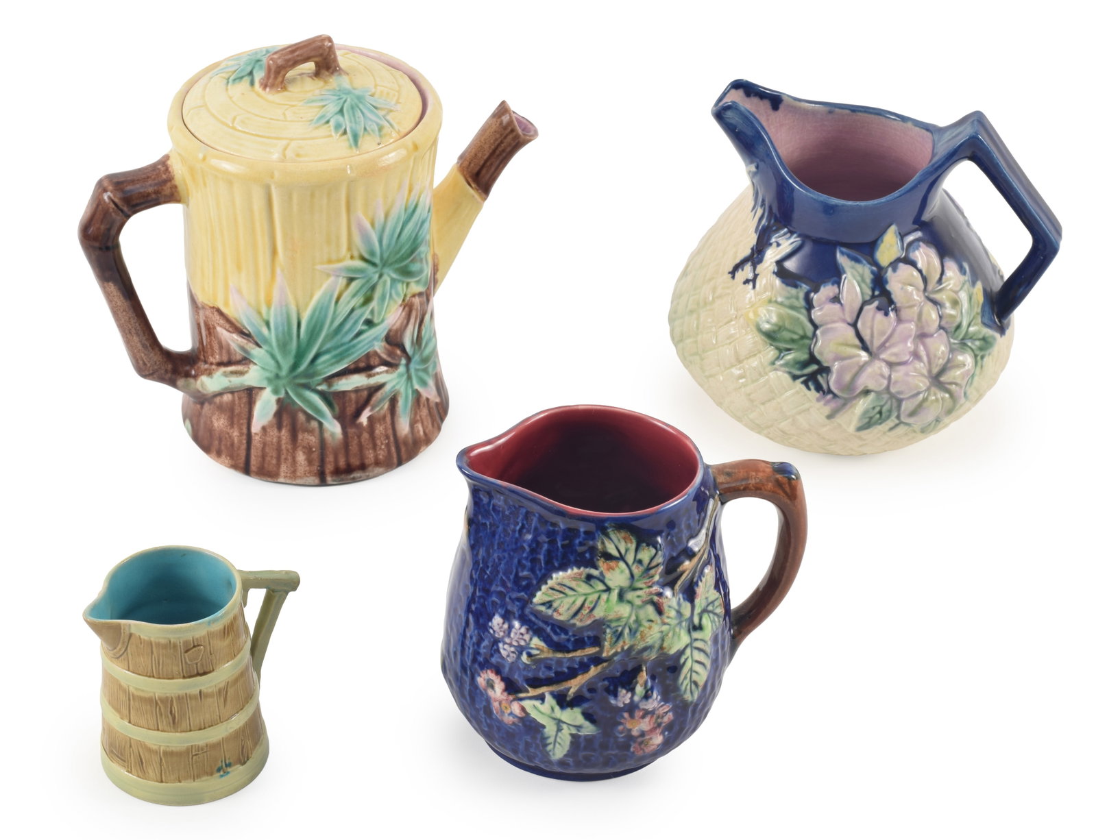 Collection of 4 majolica glaze items, including a Etruscan bamboo decorated teapot, a Shorter & Son (1 of 9)