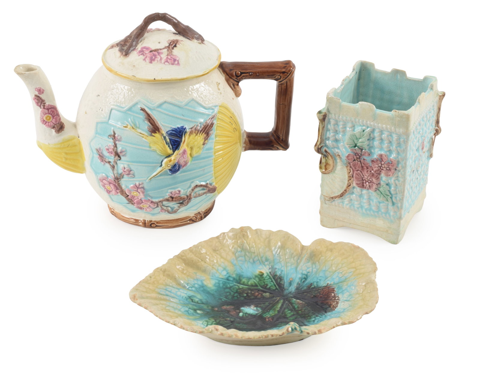 3 Pieces of Majolica including a Wardle Bird and fan aesthetic decorated teapot, a square vase with (1 of 9)