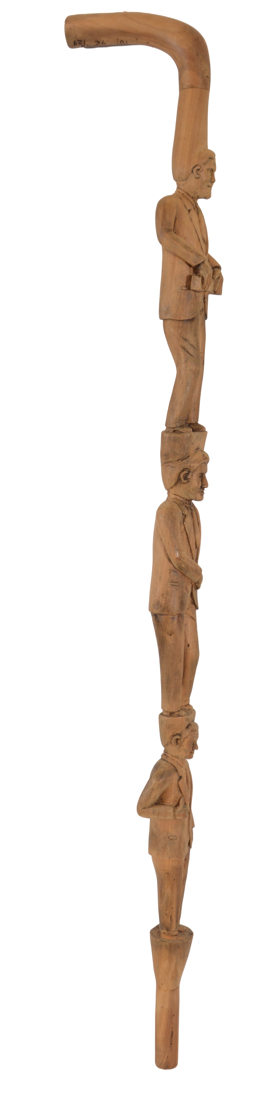 20th century American southern folk art carved wood cane. 3 figures standing on each other's (1 of 9)