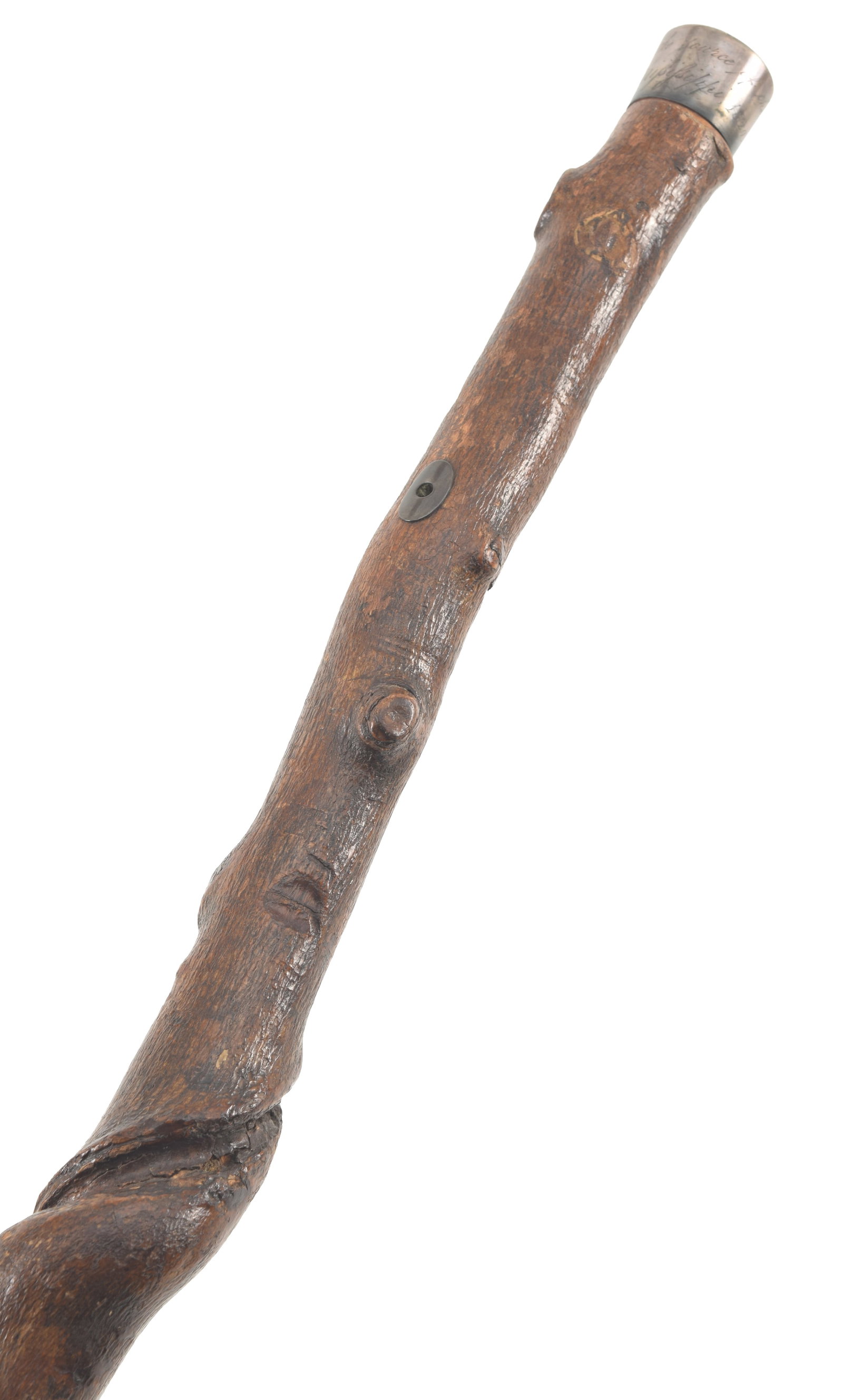 Silver capped walking stick engraved "From to Source of the Mississippi, 1820 / from Captain H.: Silver capped walking stick engraved "From to Source of the Mississippi, 1820 / from Captain H. Whiting to H. Dearborn" Length 37 in. Provenance: From the Rex Stark collection of Gardner, Massachusett