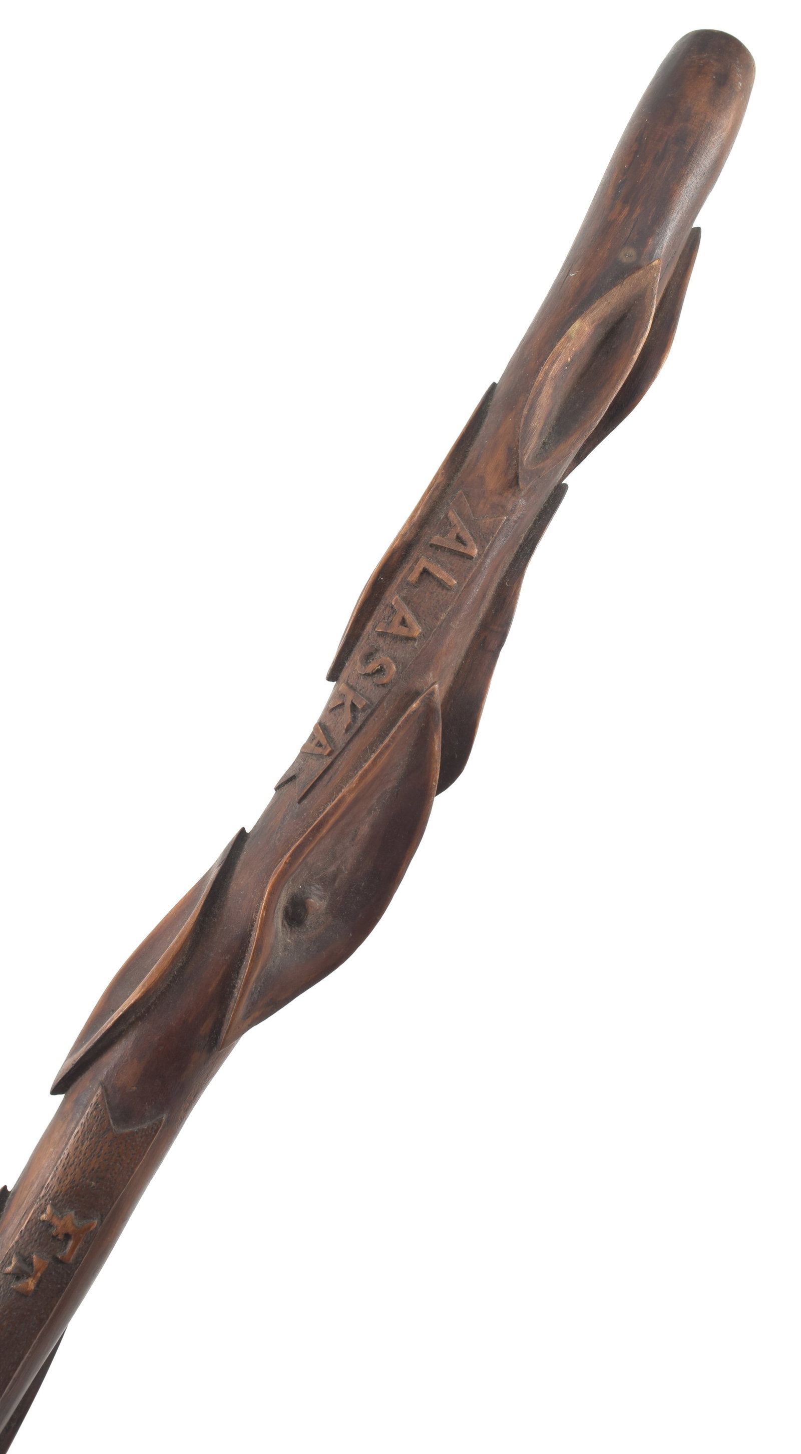 Folk carved walking stick carved with "Alaska Ft. Gibbon." and stylized foliage or husks. Length 37 (1 of 5)