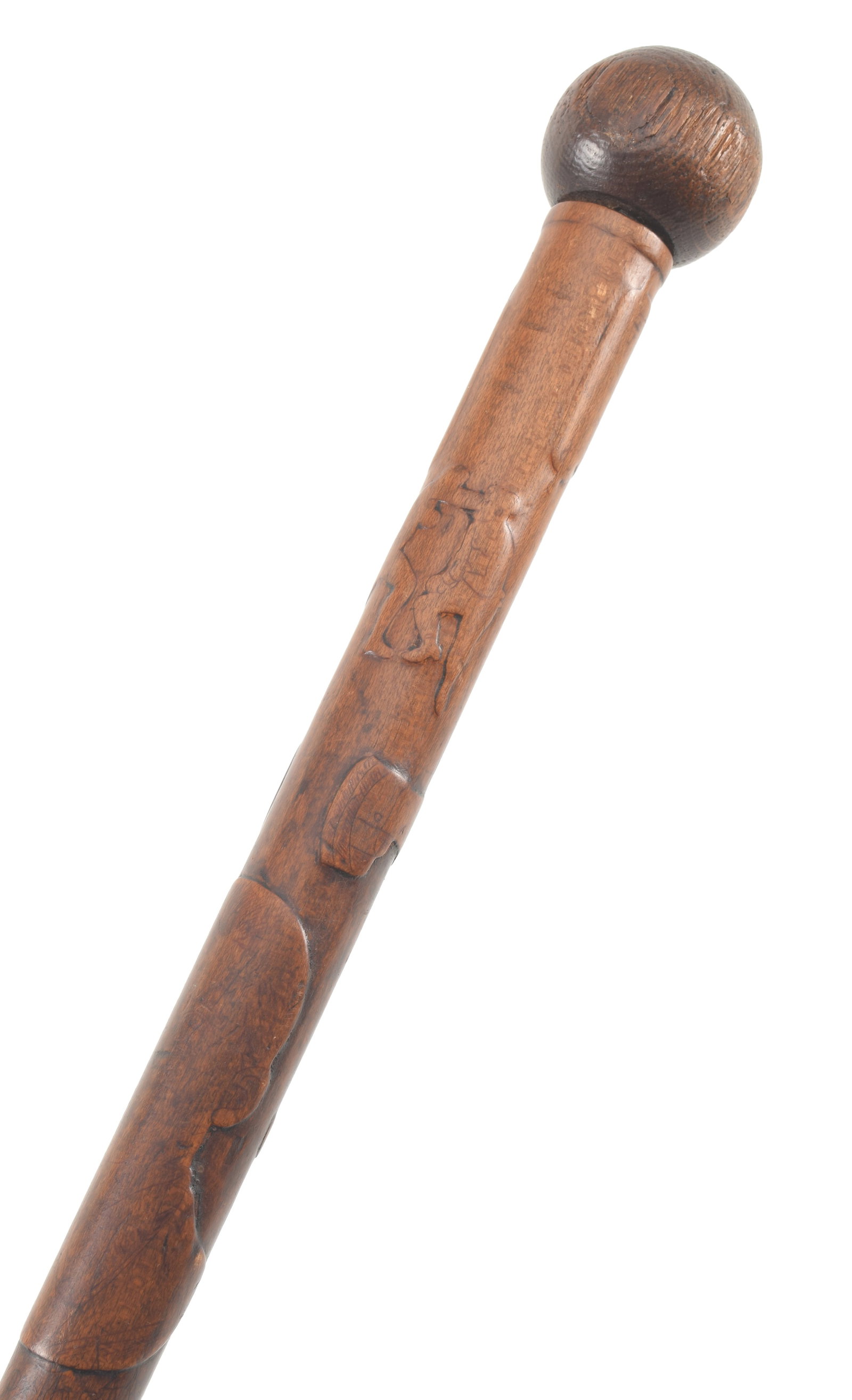 Folk carved walking stick with boxing, figures, assorted motifs and carved with banner reading (1 of 9)