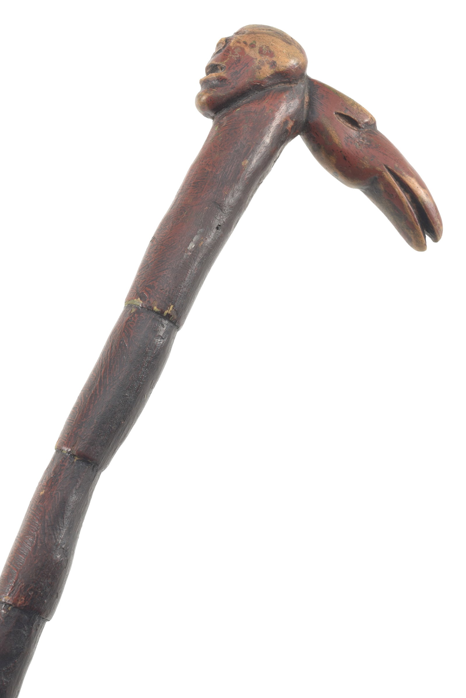 Rare 19th Century Northeast native American carved and red painted with human and bird carved (1 of 7)