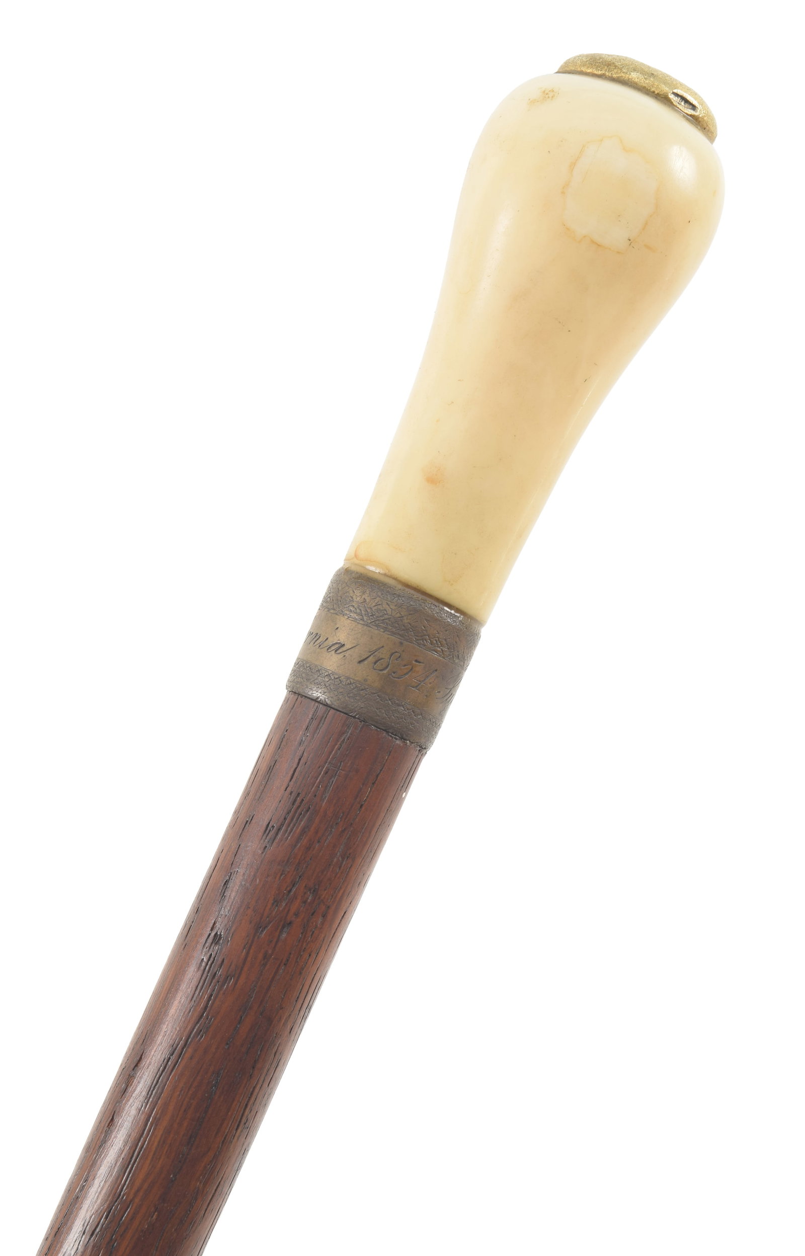 Commemorative walking stick with bone handle and brass cuff engraved "Sutter's Mill, California (1 of 8)