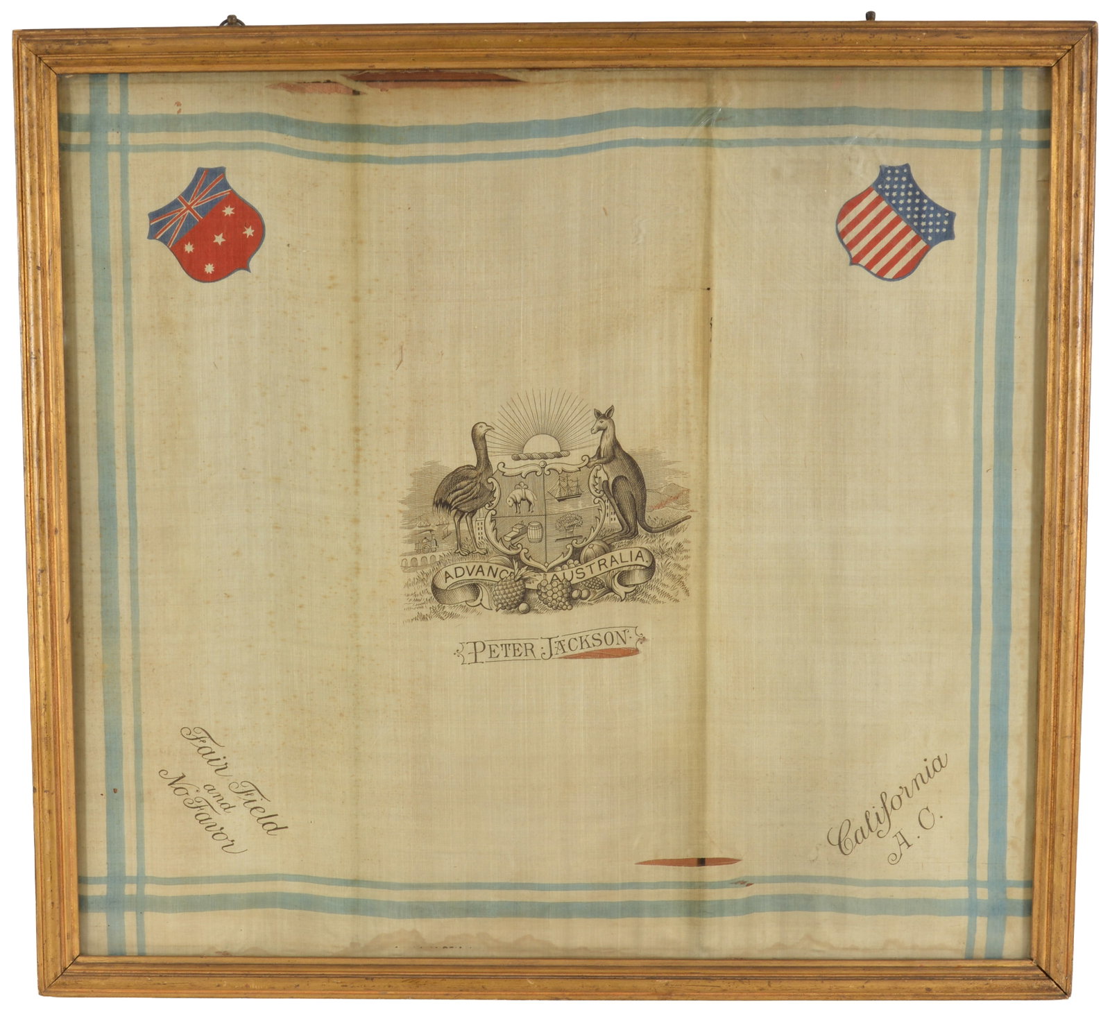 [Boxing] Peter Jackson scarce boxing silk. Jackson was a prominent and successful black Australian: [Boxing] Peter Jackson scarce boxing silk. Jackson was a prominent and successful black Australian boxer in the 1880s and 1890s. This boxing silk was created for Jackson for an event at the California