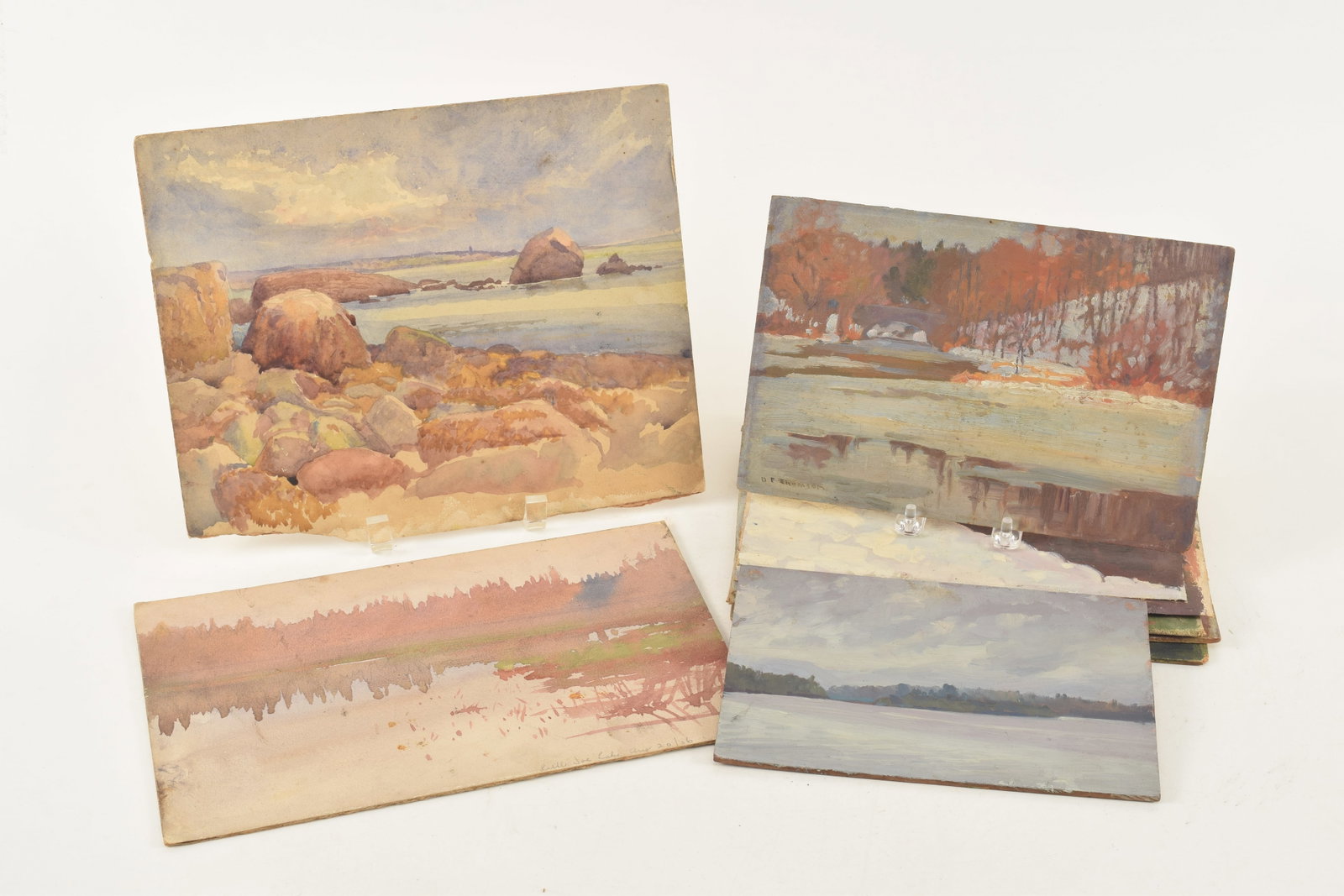 Lot of small format antique oil and watercolor paintings, one signed D F Thomson. Most on wood or (1 of 9)
