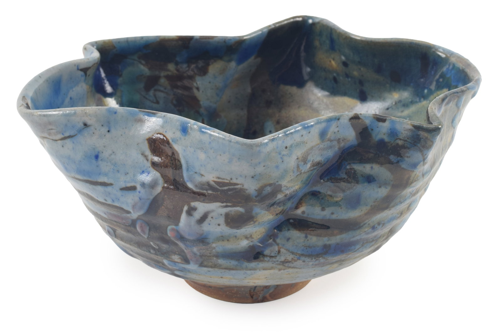 Makoto Yabe. Japan/Massachusetts. Art pottery shaped footed bowl with abstract blue and grey glaze. (1 of 6)
