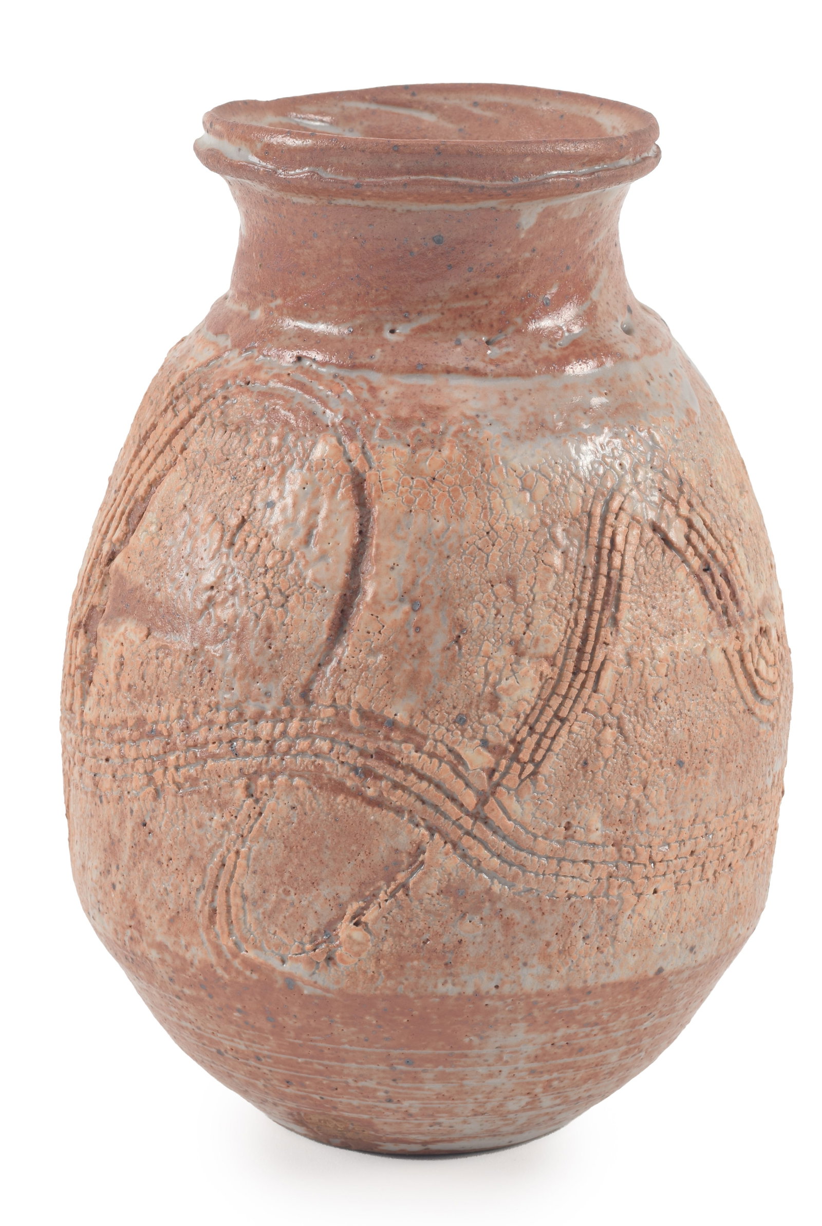 Makoto Yabe. Japan/Massachusetts. Coarsely thrown modern art pottery vase with incised scrolling (1 of 5)