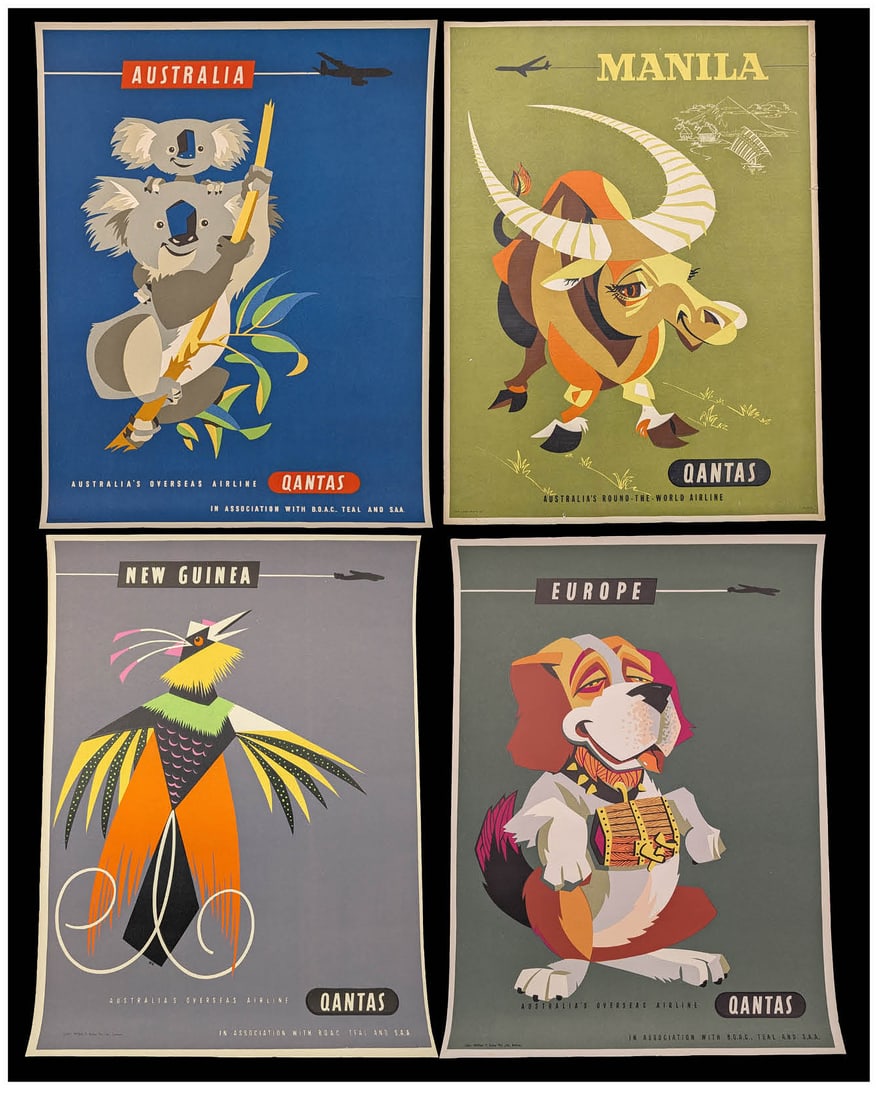 Harry Rogers. 13 original Qantas airline travel posters, ca 1960s. Color lithographs on poster: Harry Rogers. 13 original Qantas airline travel posters, ca 1960s. Color lithographs on poster paper. Includes: New Zealand (2 variants), Europe (poodle), Manila, Japan (phoenix), Japan (Geisha), Cana