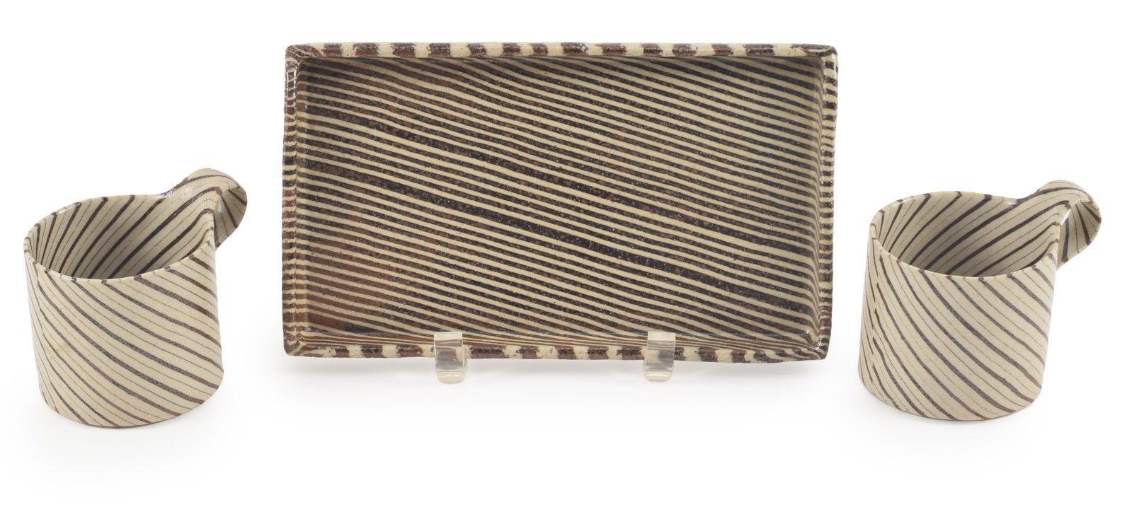 Yusuke Aida. Japan/Boston. Pottery tray and mugs featuring distinctive diagonal stripe glaze (1 of 8)