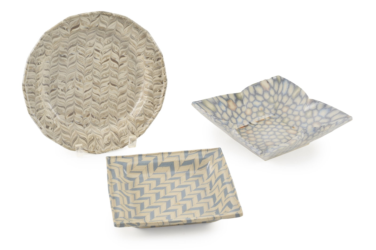 Yusuke Aida. Japan/Boston. 3 pottery plates, to include: shaped round plate, square dish with (1 of 8)
