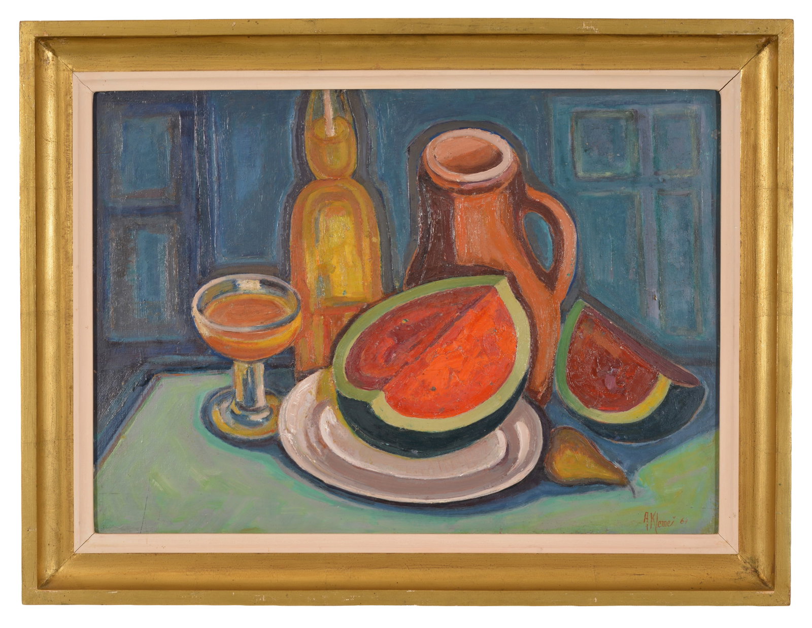 Alois Klemes. Still life with melons. Signed and dated lower right 64'. Oil on artist panel. Prague: Alois Klemes. Still life with melons. Signed and dated lower right 64'. Oil on artist panel. Prague gallery label on reverse. Framed. Image size 20 x 27.75 in, overall size 25 x 33 in.