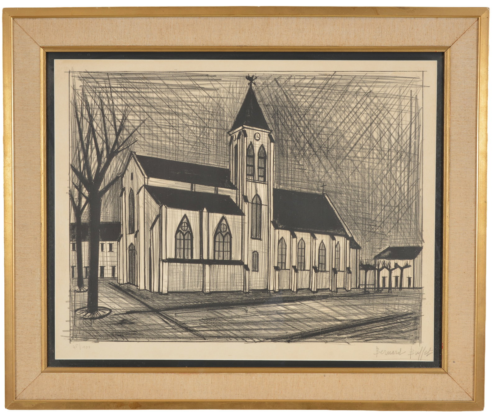 Bernard Buffett. Church building. Etching. Signed in pencil lower left and versioned 45/100. Sight (1 of 8)