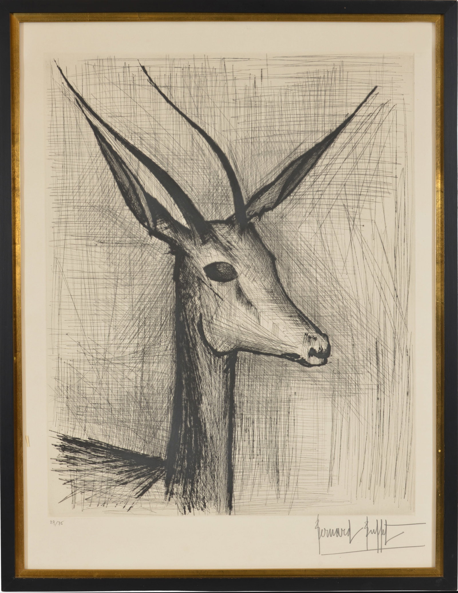 Bernard Buffett. Antelope. Etching. Signed in pencil lower left and versioned 29/75. Sight size 29.5: Bernard Buffett. Antelope. Etching. Signed in pencil lower left and versioned 29/75. Sight size 29.5 x 21.75 in, overall size 31 3/4 x 21 in.