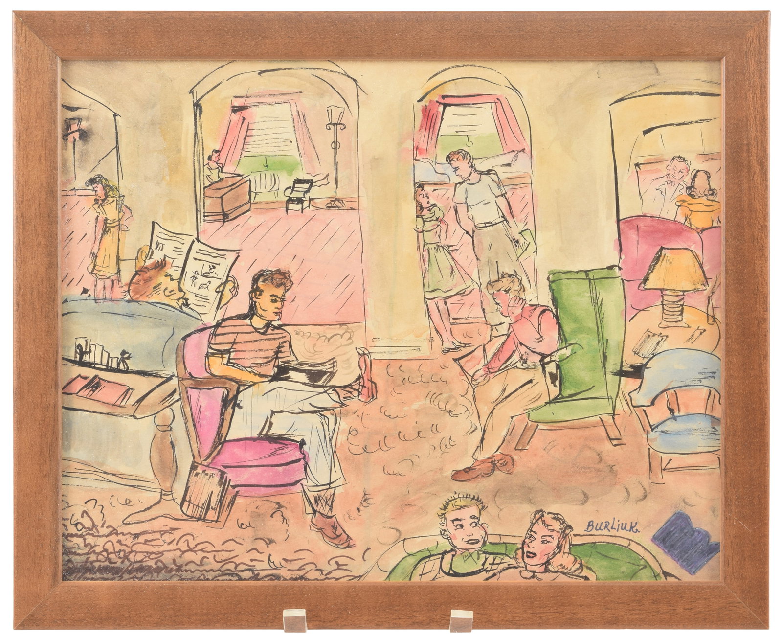 Attributed to David Burliuk. Double sided ink and watercolor drawing. Expressive lively genre scene: Attributed to David Burliuk. Double sided ink and watercolor drawing. Expressive lively genre scene with numerous figures in an interior. Reverse with spontaneous sketch of a woman grocery shopping. F