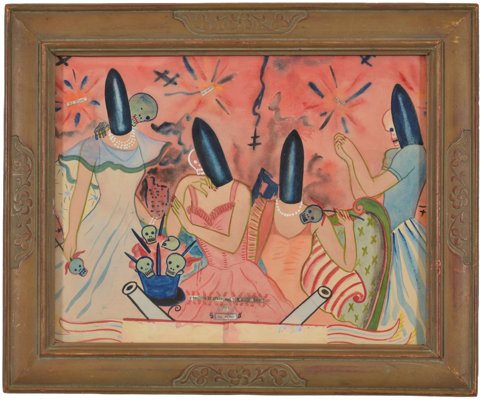 George E. Hughes, American 1907-1991. Surreal anti-war satirical images. Mixed media on paper.: George E. Hughes, American 1907-1991. Surreal anti-war satirical images. Mixed media on paper. Initialed E. H. lower right, purchased from artist New York City estate. Framed. Image size 11 x 14 in, o
