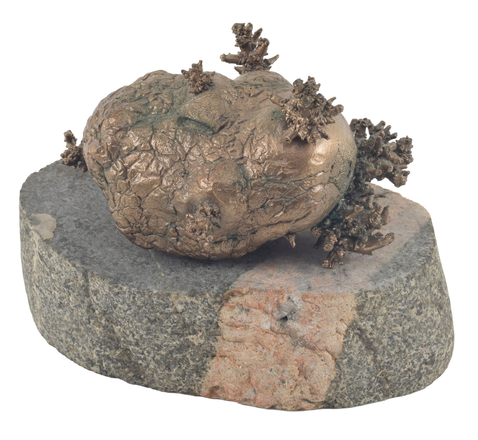Attributed to David Phillips. Cast metal sculpture of a sprouting potato on quartz-banded granite (1 of 5)