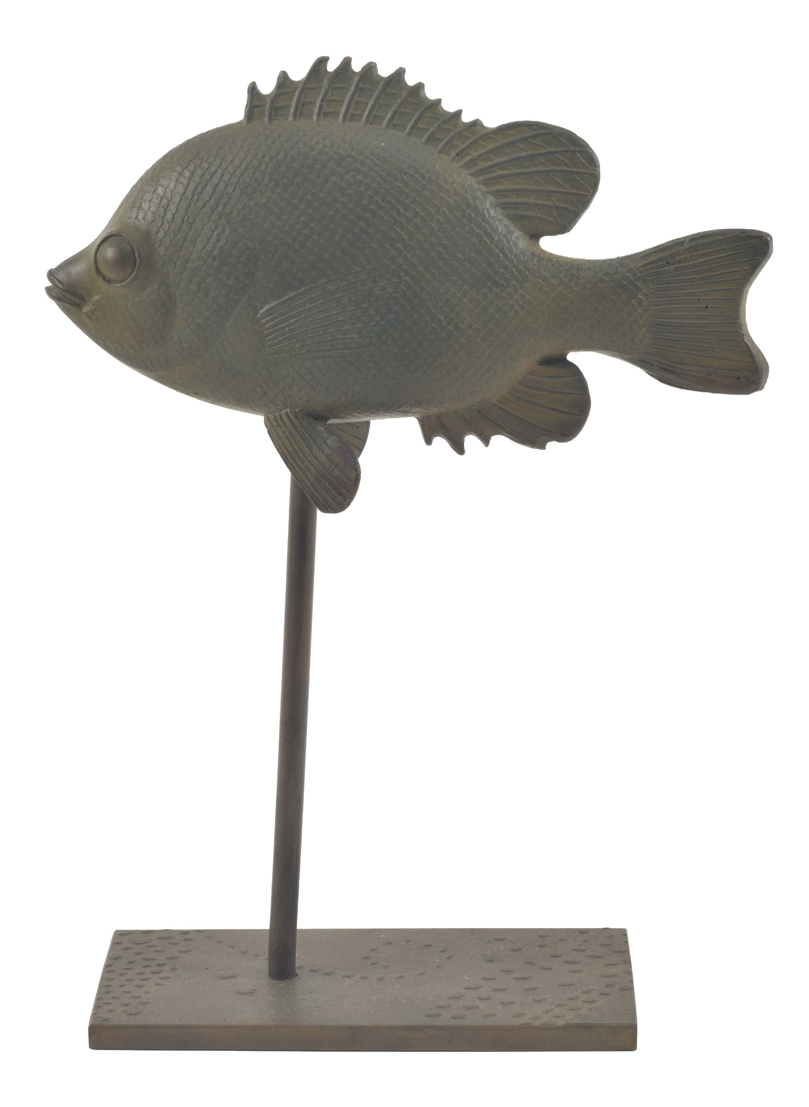 Patinated bronze sculpture of a sunfish, possibly by sculptor David Phillips. Indiscernible mark on: Patinated bronze sculpture of a sunfish, possibly by sculptor David Phillips. Indiscernible mark on side of one fin. 8.5in high. From a family with close ties to the artist.