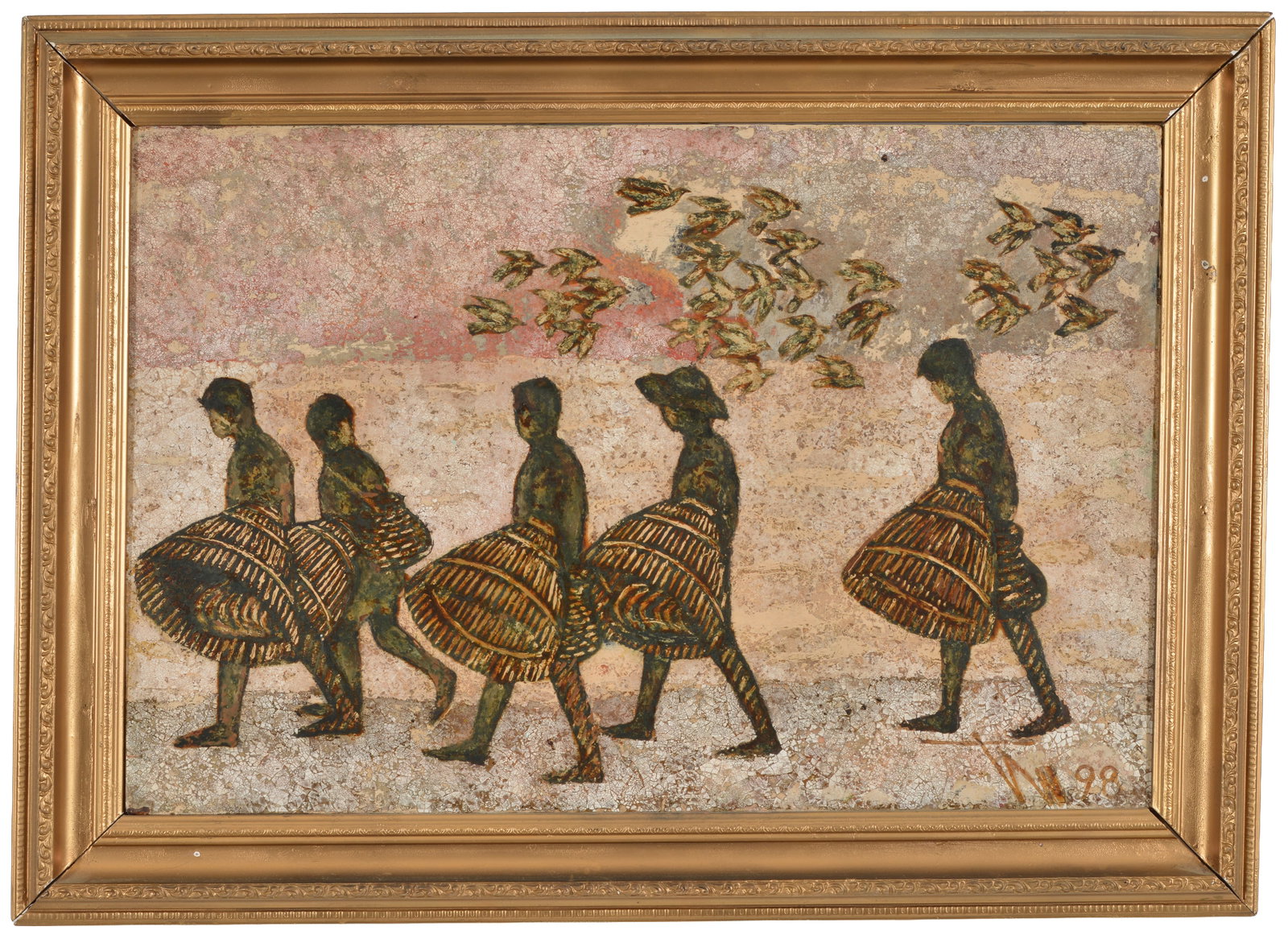 Le Thanh. Vietnam. 20th Century. "Fishing in the Early Morning." Labeled on reverse. 4 fisherman: Le Thanh. Vietnam. 20th Century. "Fishing in the Early Morning." Labeled on reverse. 4 fisherman with basket nets and birds overhead. Signed and dated lower right 98'. Polychrome lacquer on wood panel