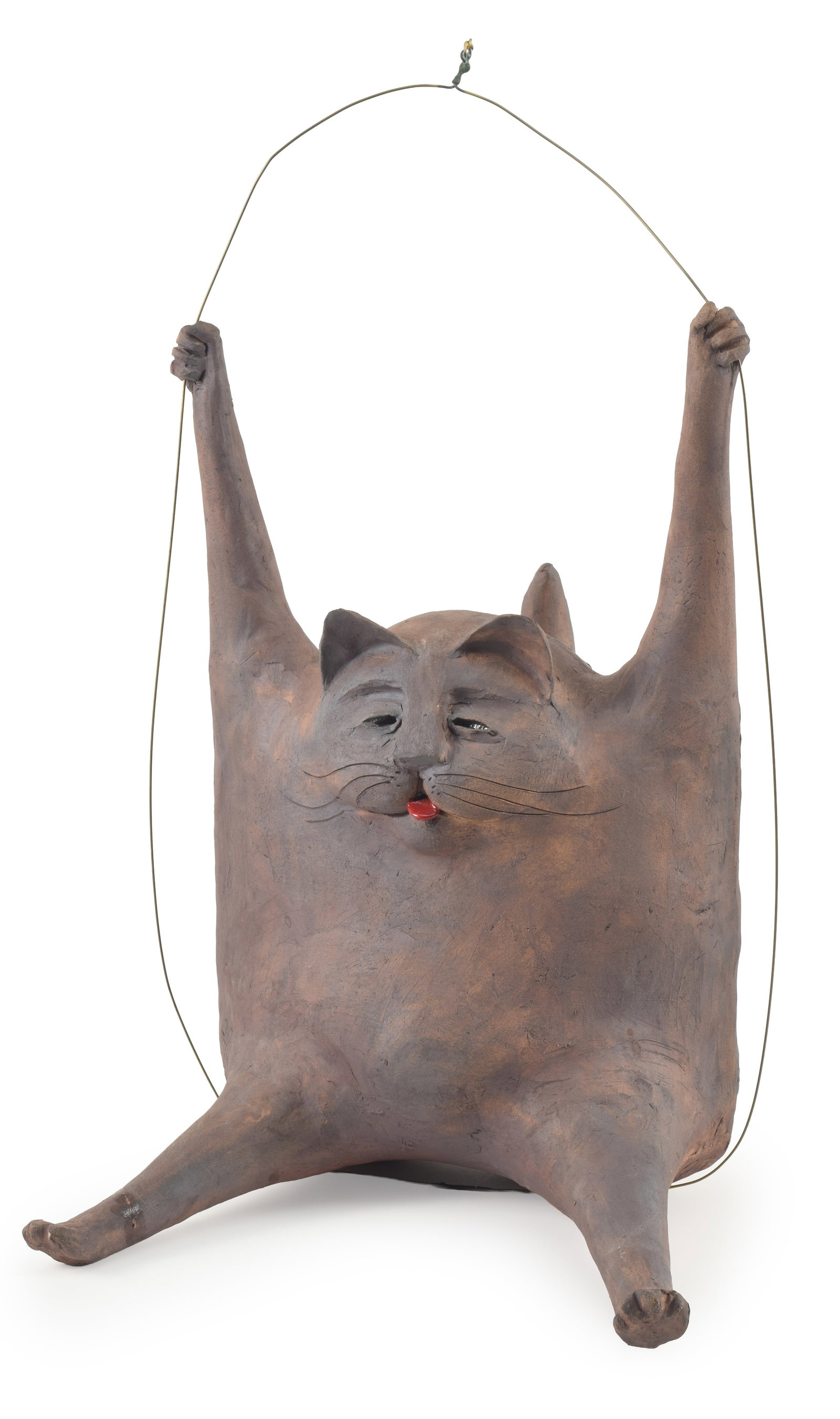 Al Davis. Massachusetts. Swinging cat sculpture. Earthenware, wire, and pigment. Signed on side (1 of 8)