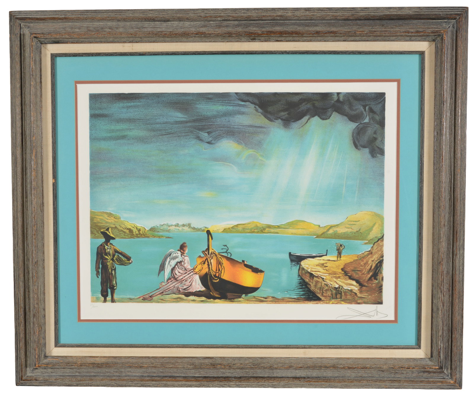 Salvador Dali. The Angel of Port Lligat. Colored lithograph. Signed lower right in pencil and: Salvador Dali. The Angel of Port Lligat. Colored lithograph. Signed lower right in pencil and versioned 59/300. Sight size 19 x 26.5 in overall size 31 x 37.5 in.
