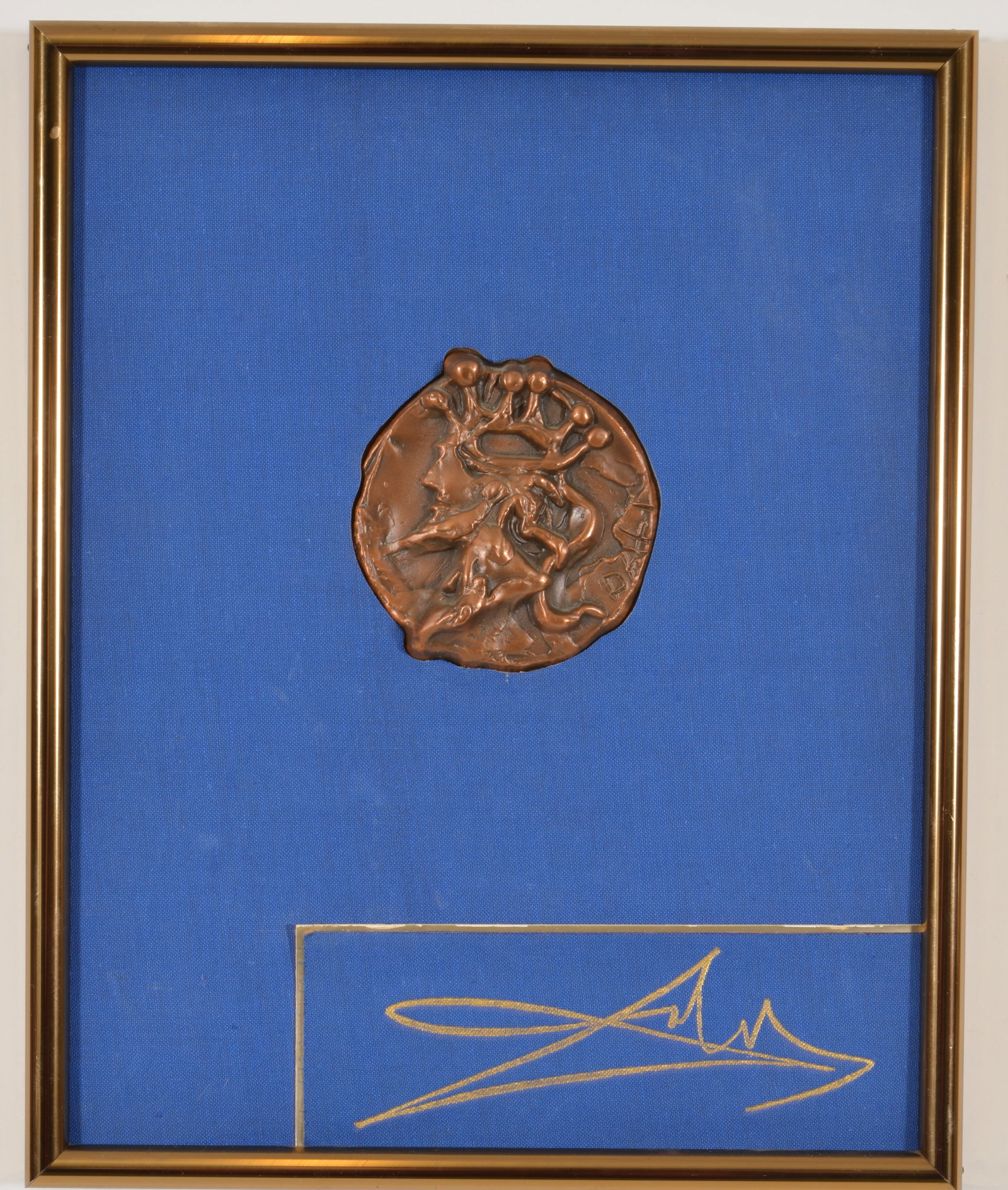 Salvador Dali. Bronze medallion, King David. In original blue frame with blue canvas mat and Dali: Salvador Dali. Bronze medallion, King David. In original blue frame with blue canvas mat and Dali signature. Incised with signature. From the portfolio Our Historical Heritage. Medallion diameter 4 1/