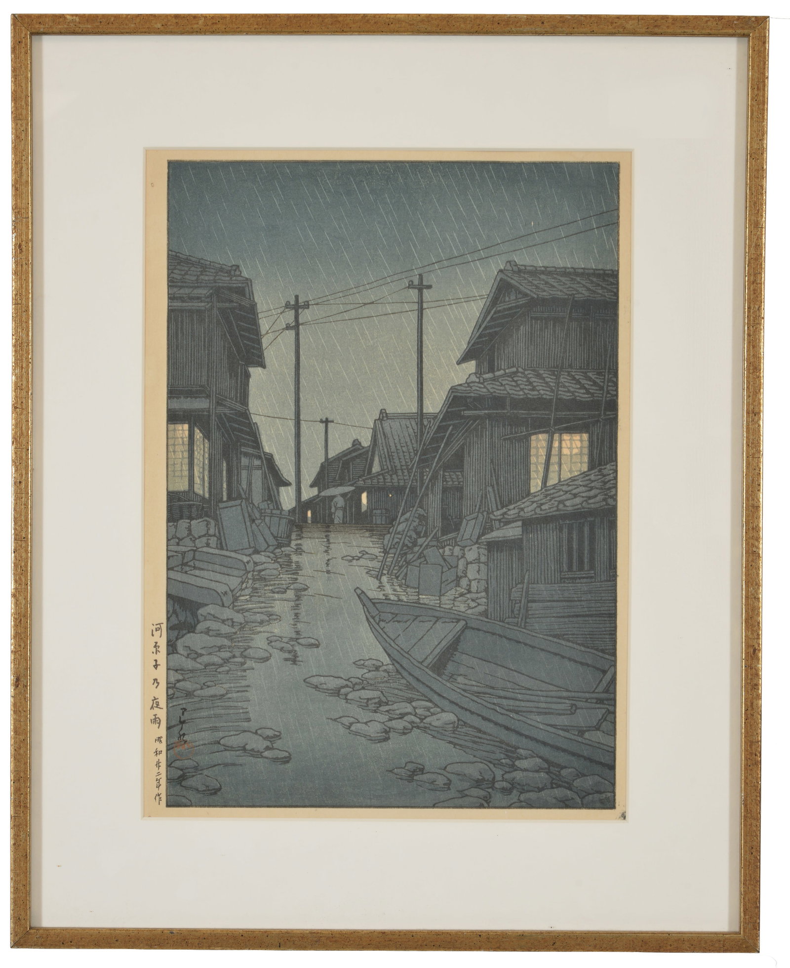 Kawase Hasui. Evening Rain, 1947. Colored woodblock. Framed. Sight size 14.5 x 10.5 in, overall size: Kawase Hasui. Evening Rain, 1947. Colored woodblock. Framed. Sight size 14.5 x 10.5 in, overall size 20 x 16 in.