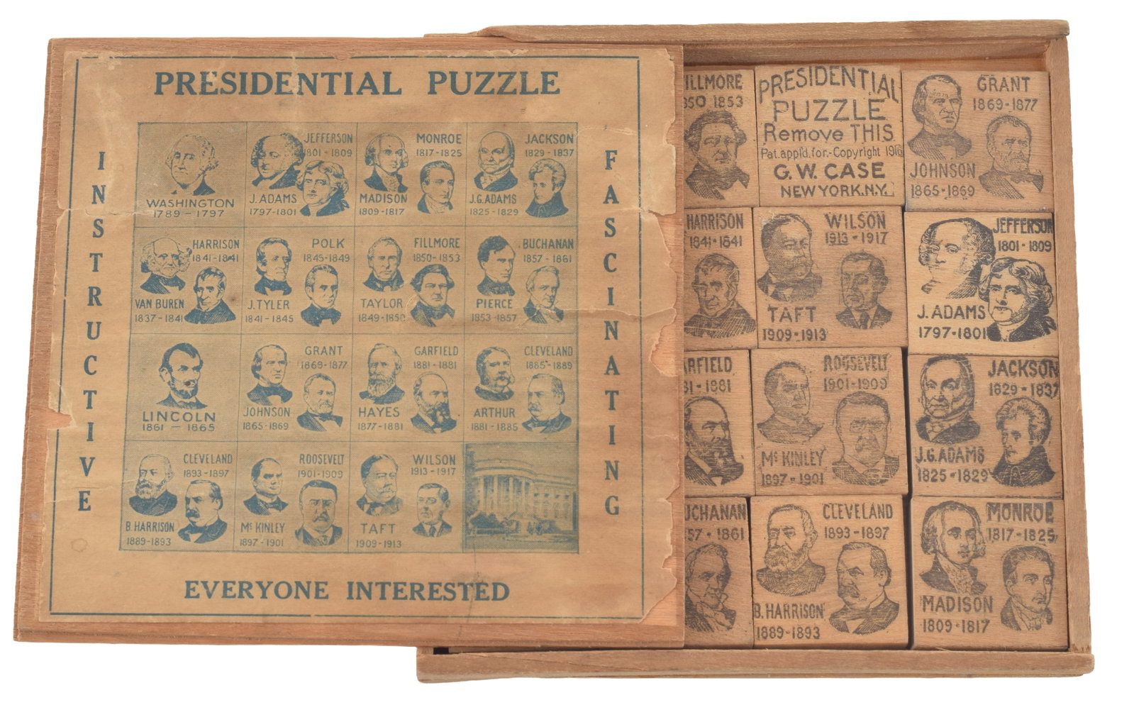 1916 Presidential Puzzle. Boxed block puzzle with each presidential administration up until Woodrow (1 of 3)