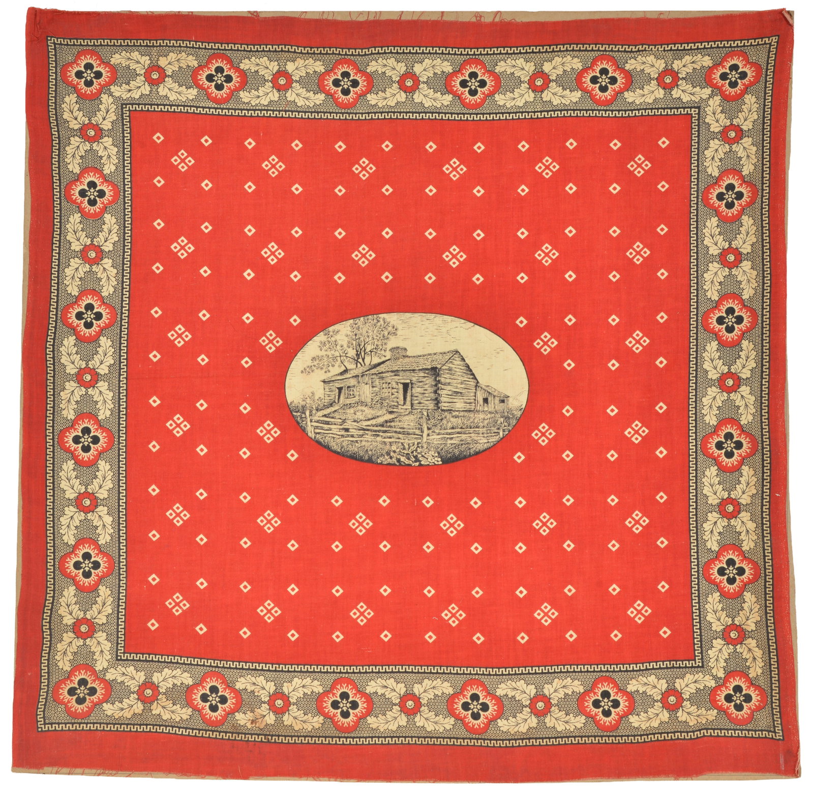 Rare James A. Garfield 1880 "Log Cabin" campaign handkerchief. Floral border and red ground (1 of 6)