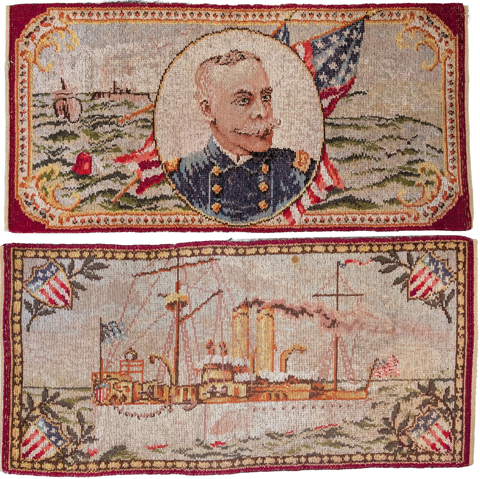 2 Spanish-American War hooked rugs, ca. 1900. One bearing a portrait of Admiral Dewey with American: 2 Spanish-American War hooked rugs, ca. 1900. One bearing a portrait of Admiral Dewey with American flags and surrounded by a nautical scene and ironclad ship. The other his flagship the Olympia with 