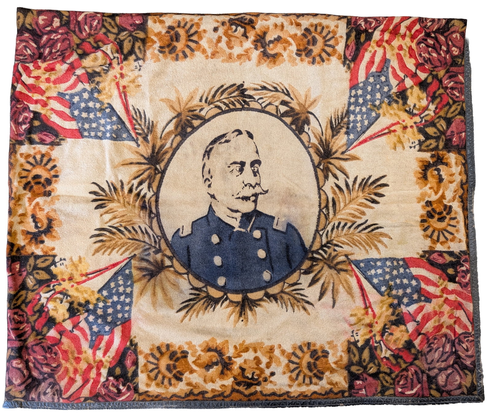 Admiral Dewey felted wool patriotic banner from the Spanish-American War, ca. 1900. Oval portrait: Admiral Dewey felted wool patriotic banner from the Spanish-American War, ca. 1900. Oval portrait surrounded by American flags and roses in the corners. 48.5 x 57in. Provenance: From the Rex Stark col