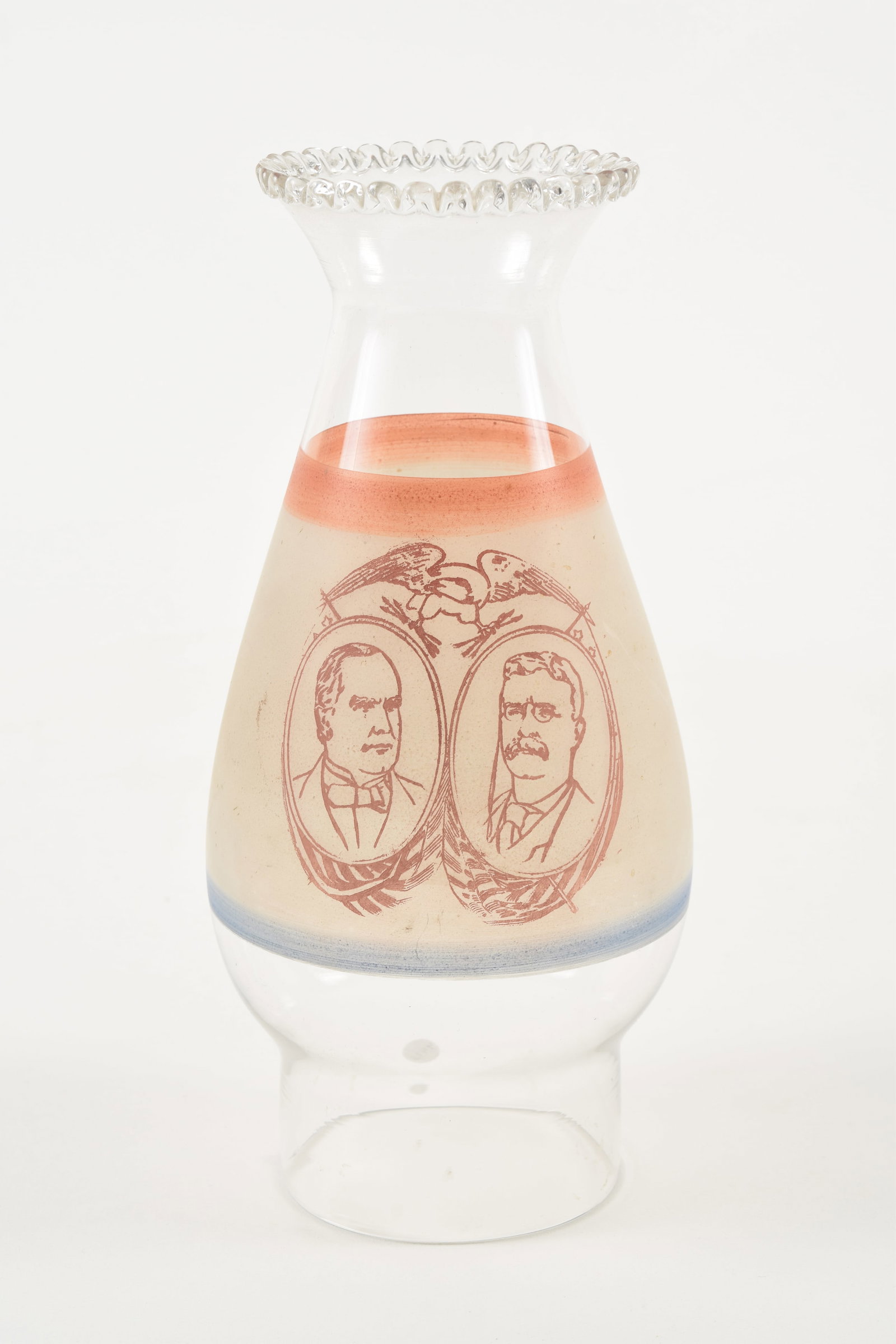 McKinley-Roosevelt presidential campaign decorated glass hurricane shade, ca. 1900. Patriotic motifs (1 of 5)