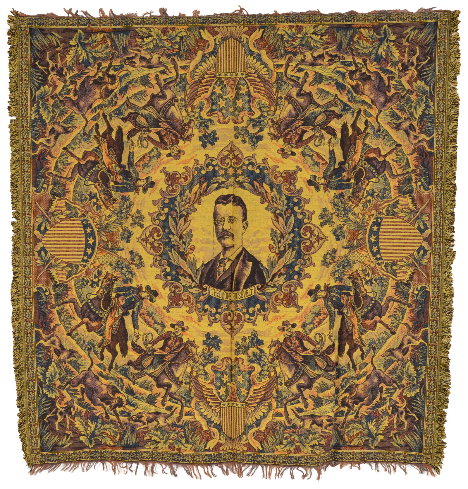 Rare Teddy Roosevelt tapestry table cloth. c.1900-1904. Center portrait of Theodore Roosevelt within (1 of 9)