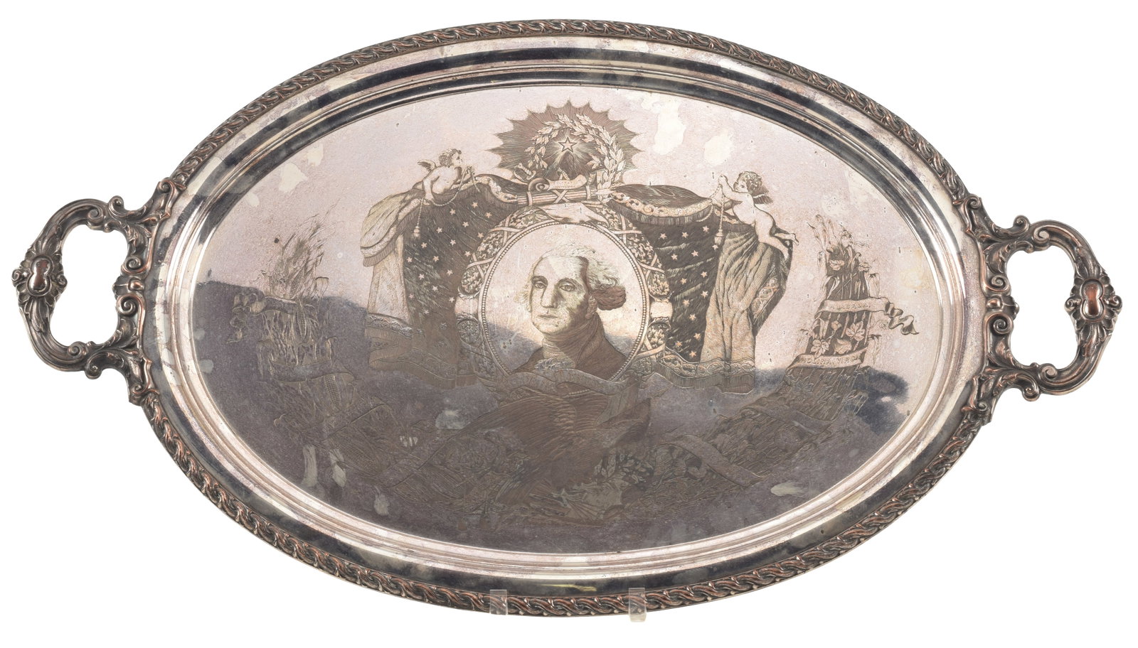 George Washington patriotic engraved plated silver large handle tray, late 19th Century. Engraved (1 of 6)