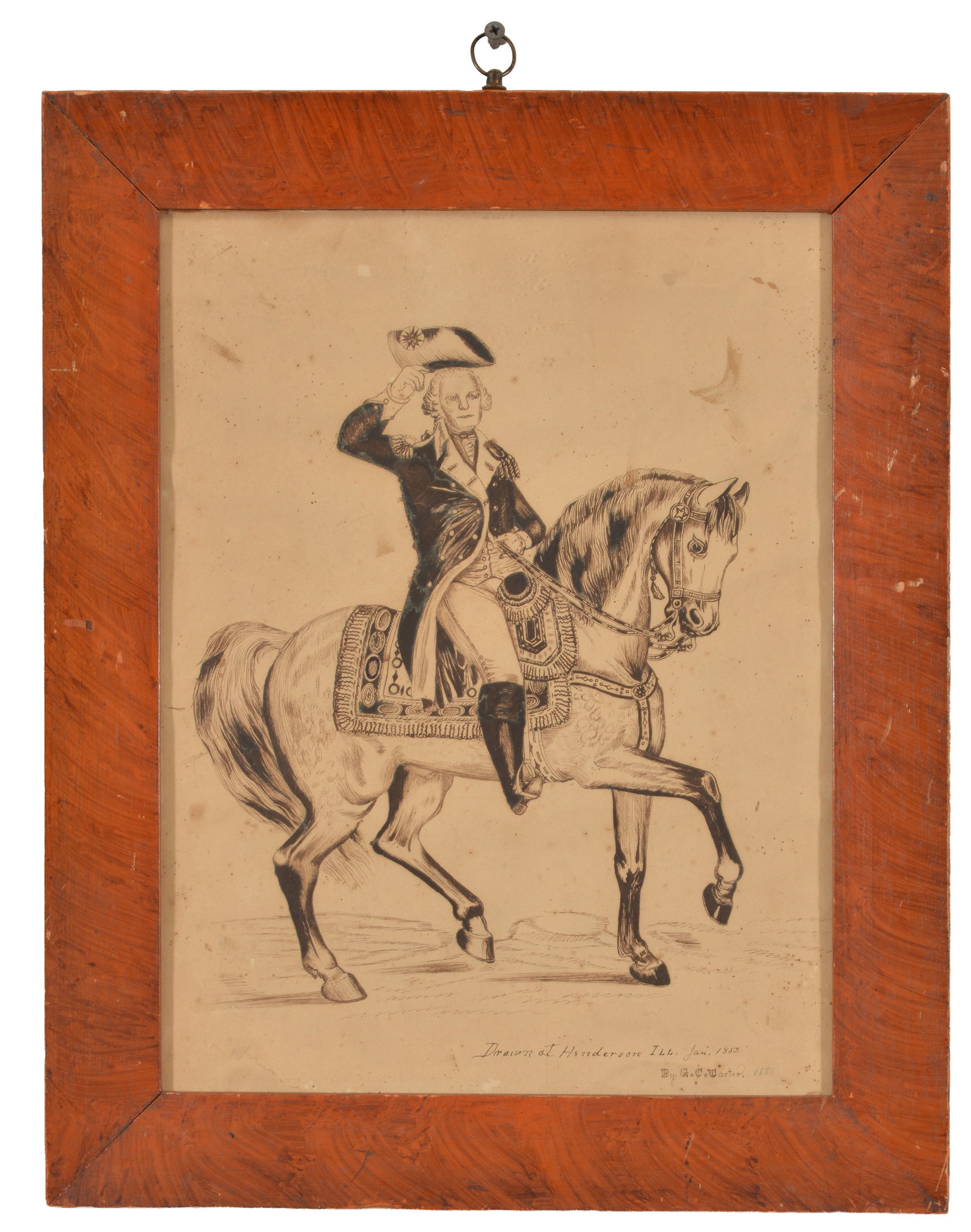 Pen and ink drawing of George Washington mounted on a horse and tipping his cap. Signed and dated (1 of 8)