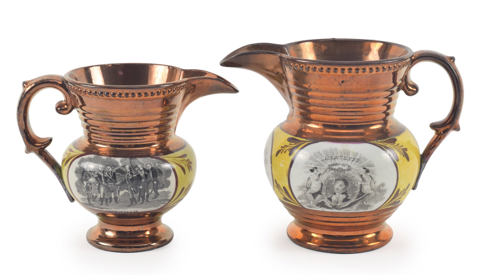 Marquis de Lafayette commemorative luster ware pitchers. 1 larger and 1 smaller pitchers with (1 of 9)