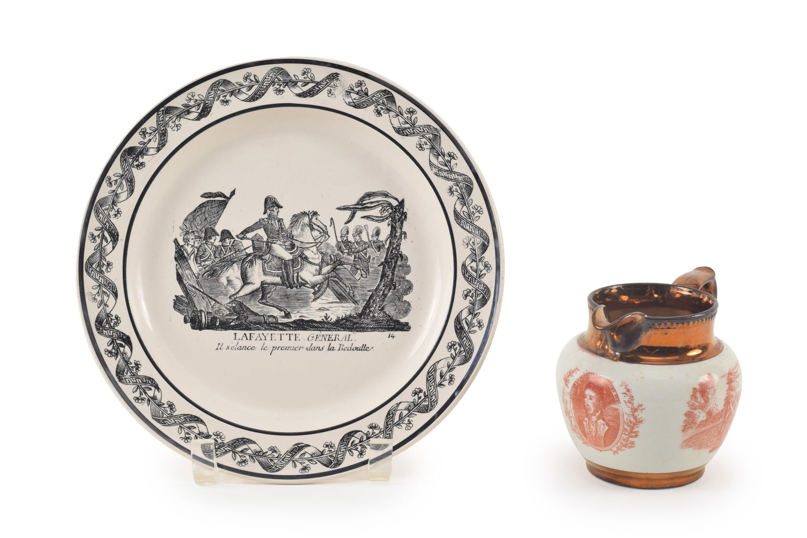 Marquis de Lafayette commemorative ceramics. 1) Lustre pitcher with transfer scenes and portrait of: Marquis de Lafayette commemorative ceramics. 1) Lustre pitcher with transfer scenes and portrait of Lafayette. Repair on rim. 2) P. H. Choisy French transfer decorated plate with battle scene of Lafay