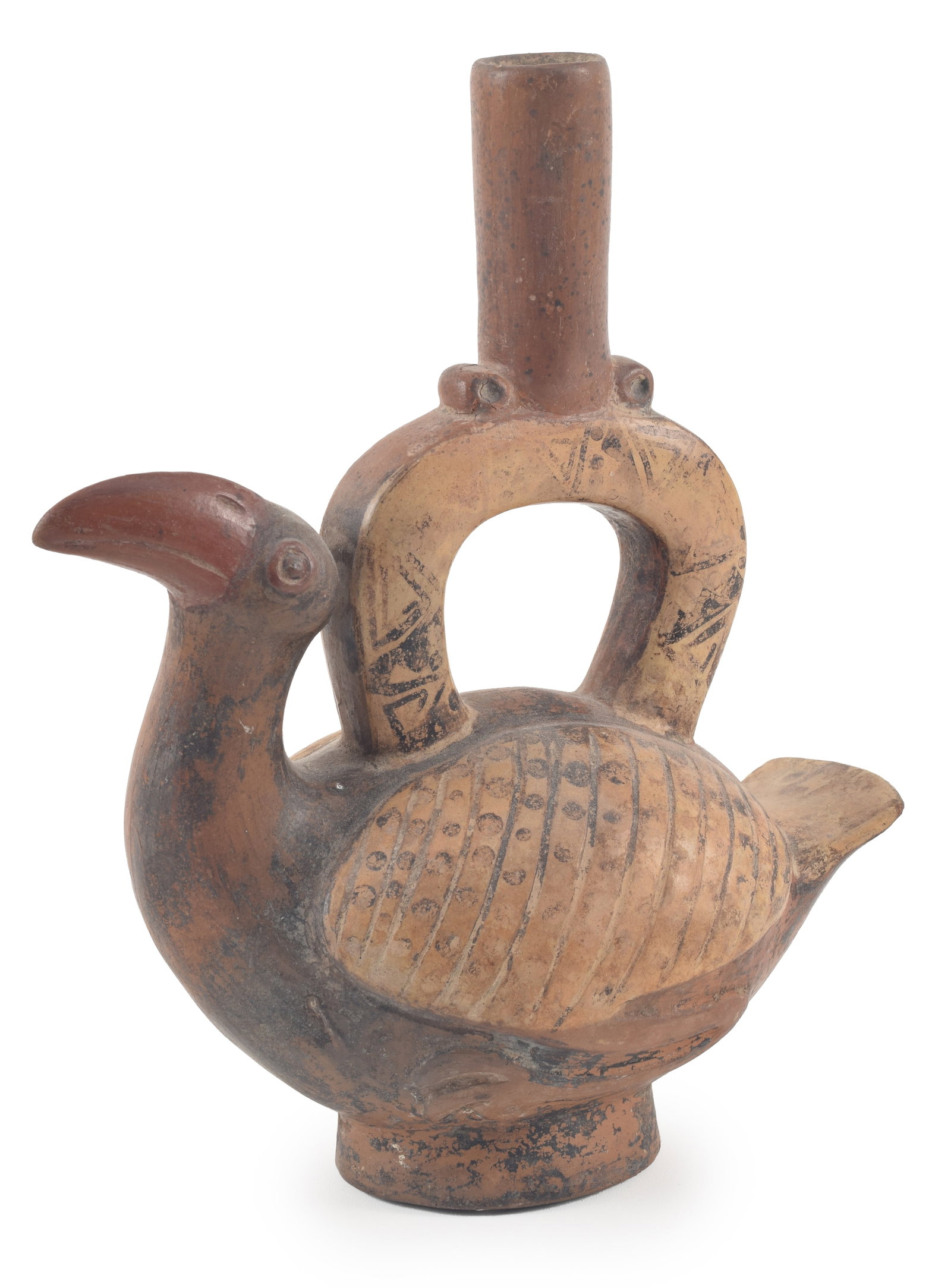 Inca 100-1425 A.D. Pottery bird vessel with incised feathers and red and cream glaze, highlighted (1 of 7)