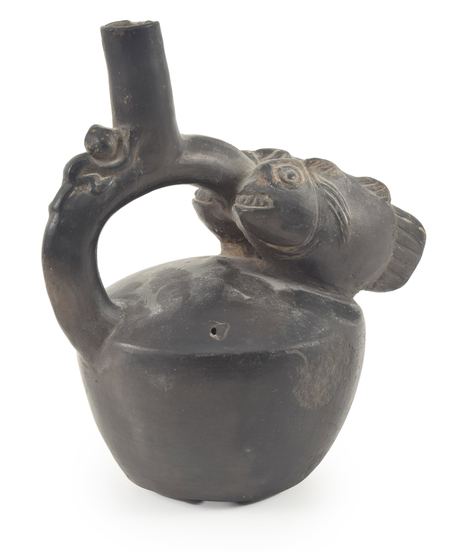 Pre-Columbian figural vessel pot with 2 anthropomorphic fish beneath a figure climbing the thandle. (1 of 9)