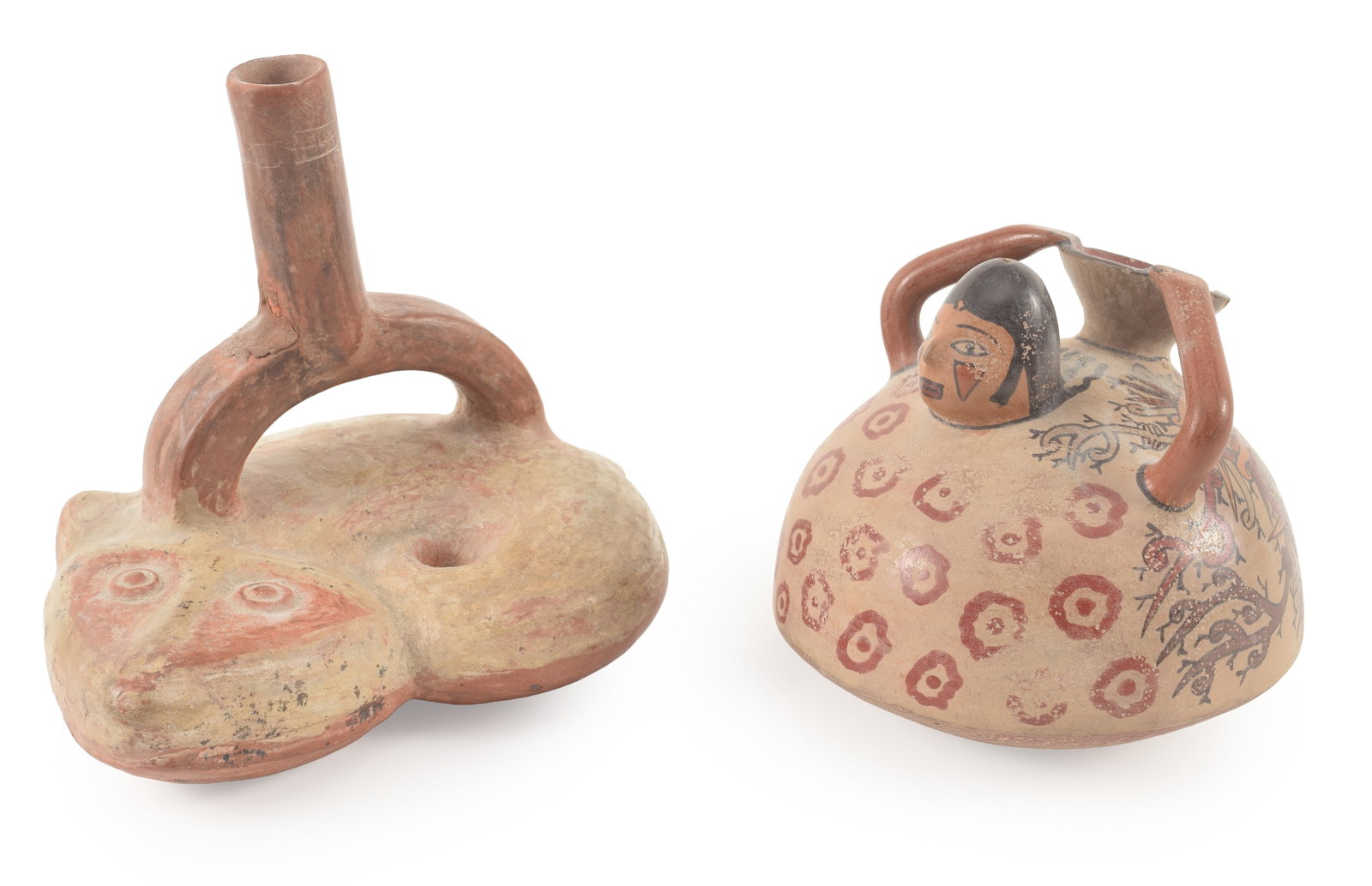 2 paint decorated pre-Columbian style figural pottery vessels. 6in and 4.5in high. (1 of 7)