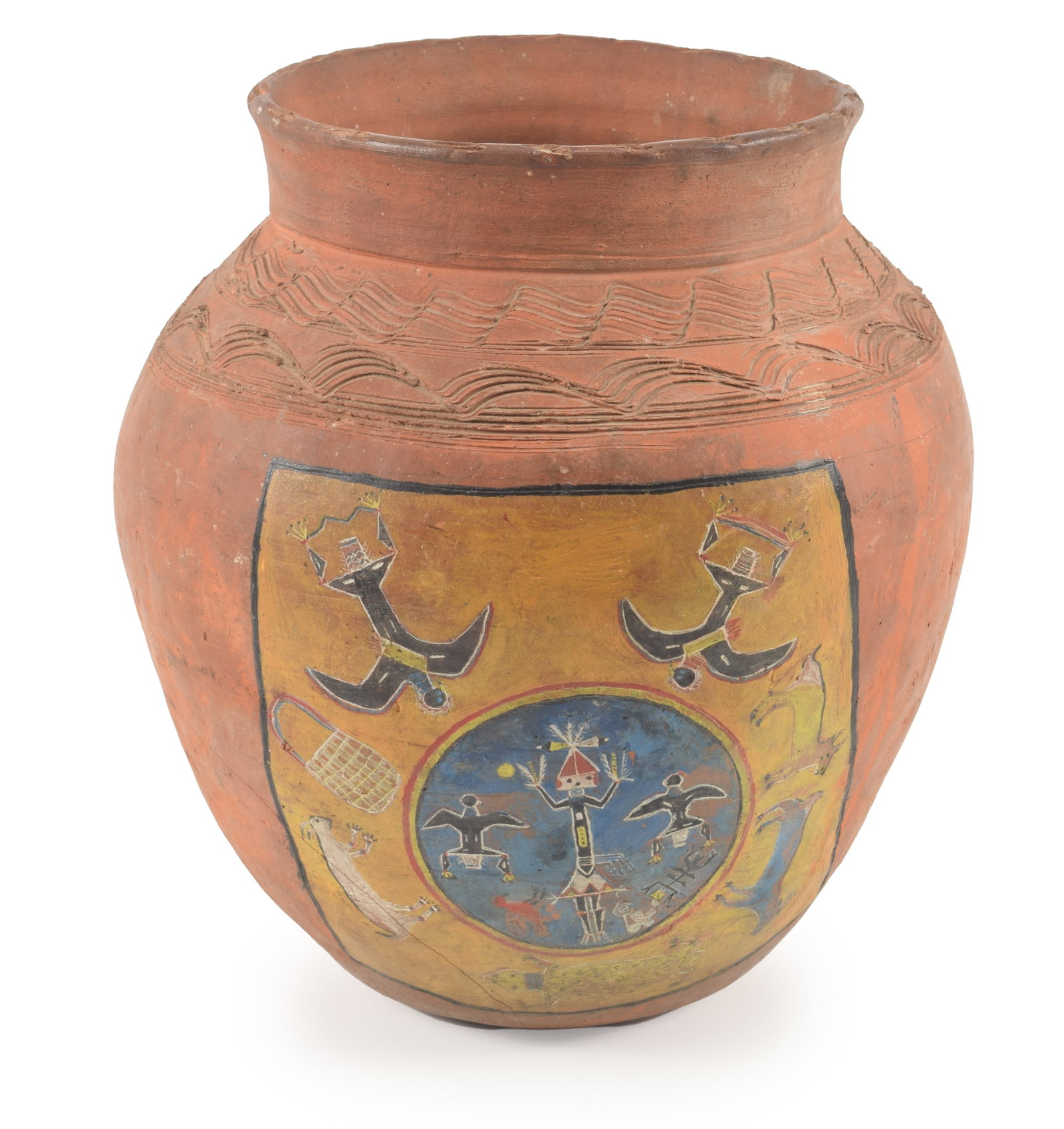 Native American Navajo earthenware pot with flared neck and incised collar above an elaborately (1 of 8)