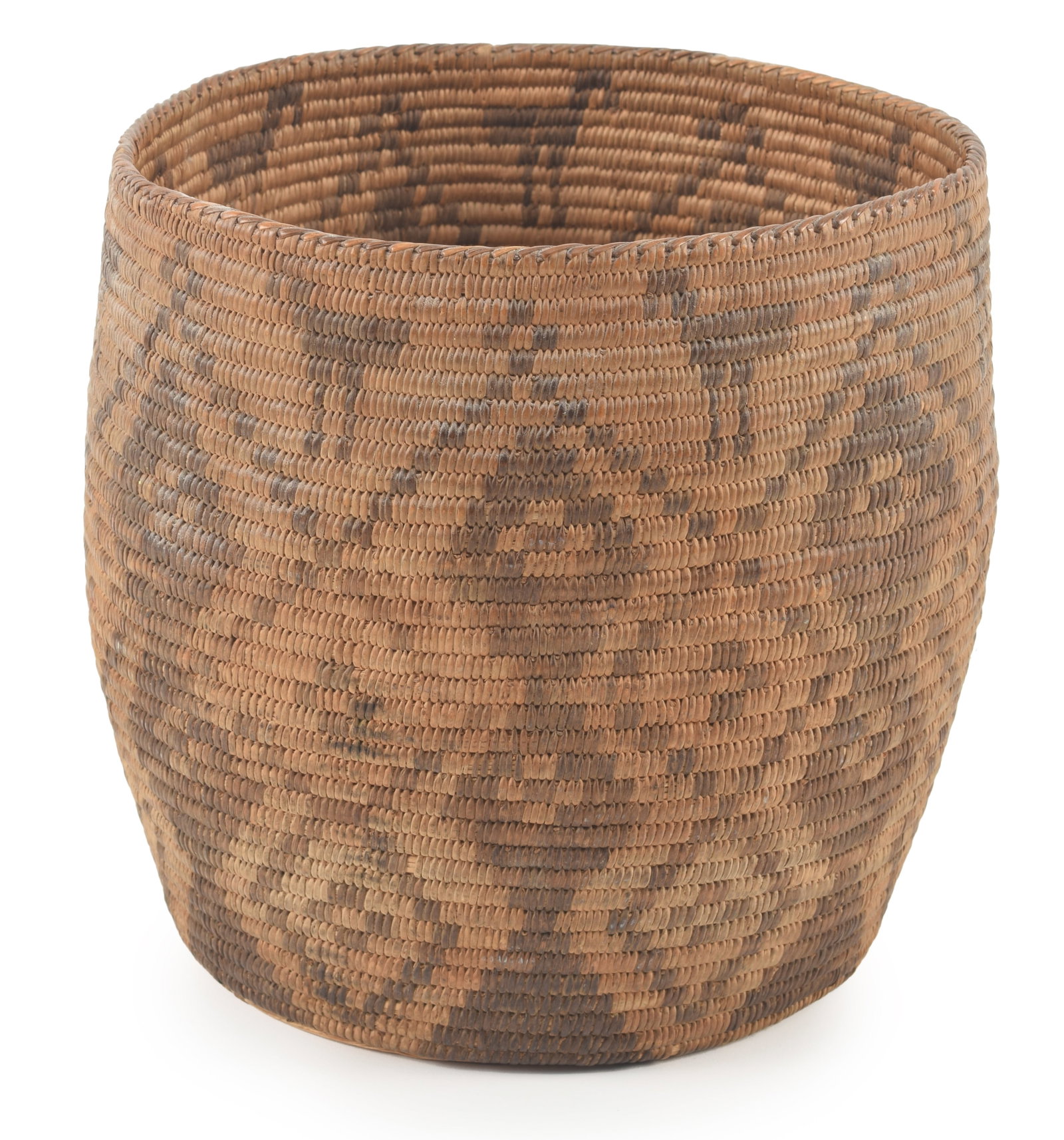 Cylinder form Native American basket, likely Papago with geometric and animal decorations. Height m (1 of 4)