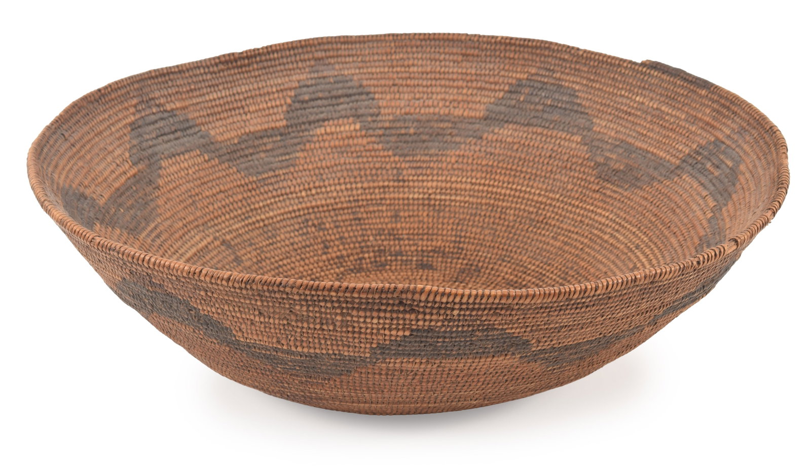 Large Native American open coiled basket, Southwest with alternating chevron band. Height 5 3/8 in, (1 of 3)