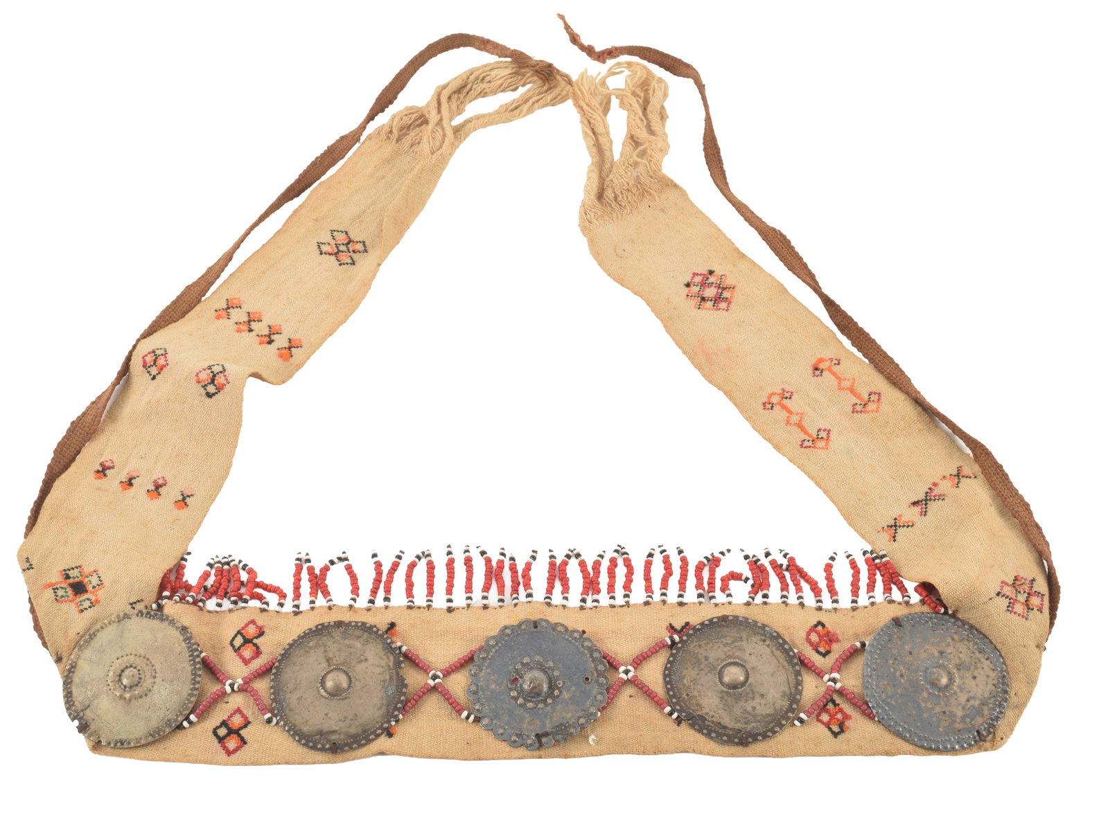Native American Plains beaded belt with silver concho, cotton fabric. 20 x 14 in. (1 of 7)