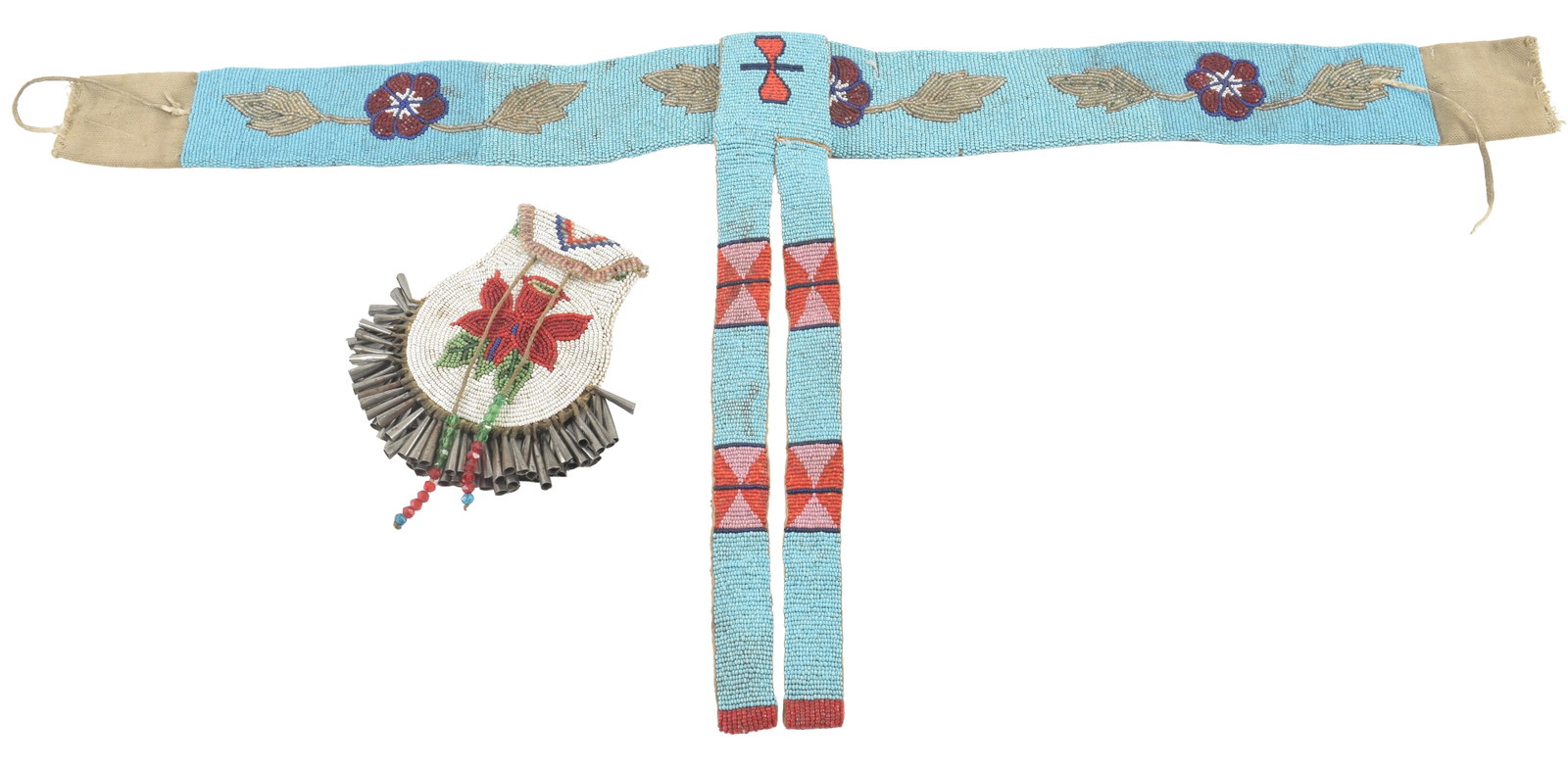 Native American Plains beaded sash with tassel and a beaded sticker pouch. Sash 27 1/2 x 13 in, (1 of 7)